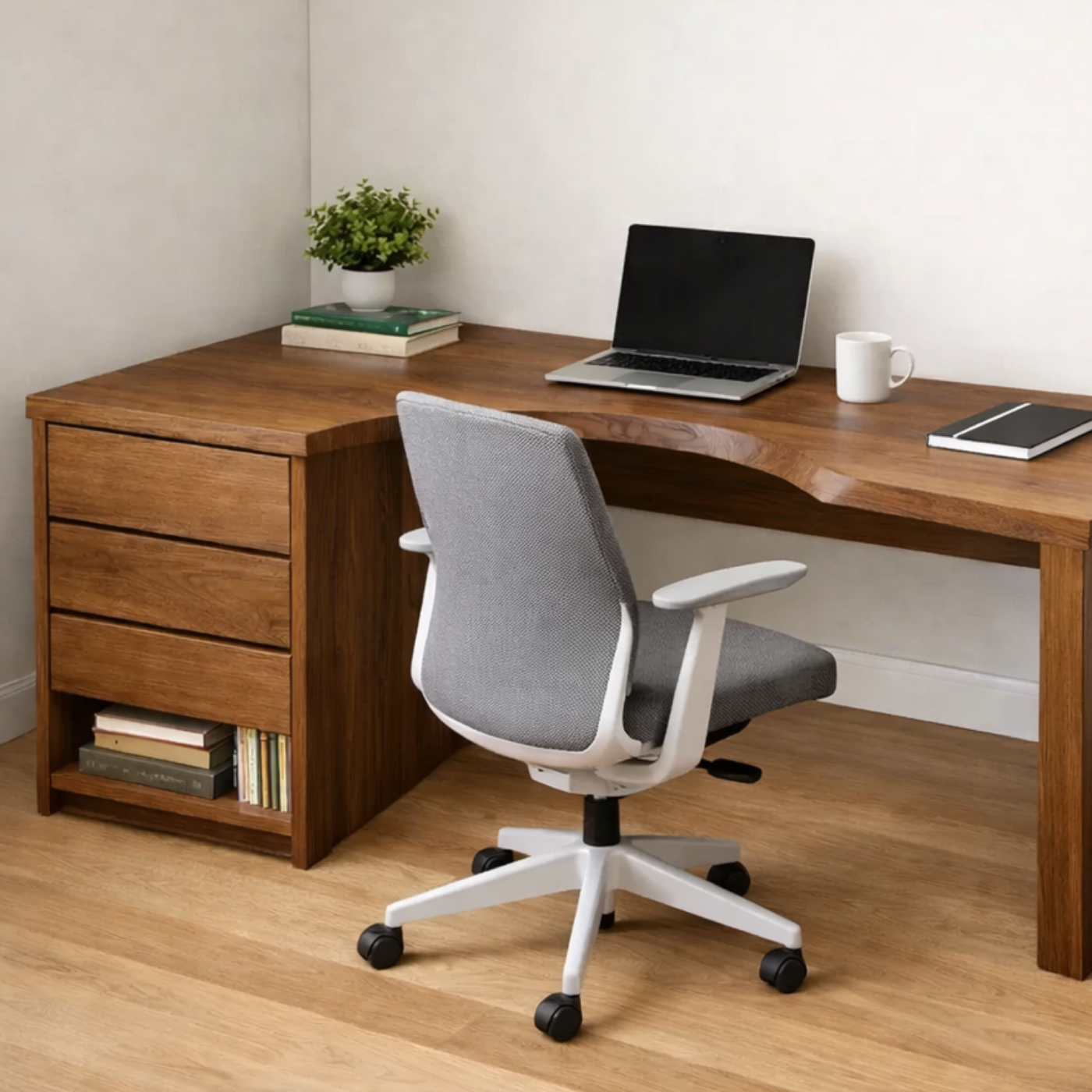 Solid Wood Study Desk with Storage Drawers and Curved Ergonomic Cutout