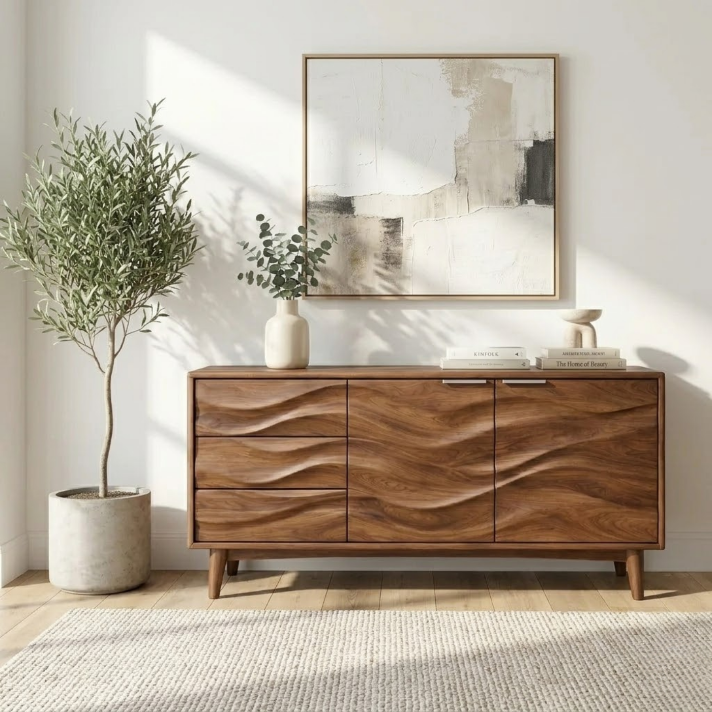 Solid Wood Console Table with Sculptural Wave Front Doors and Modern Storage Design