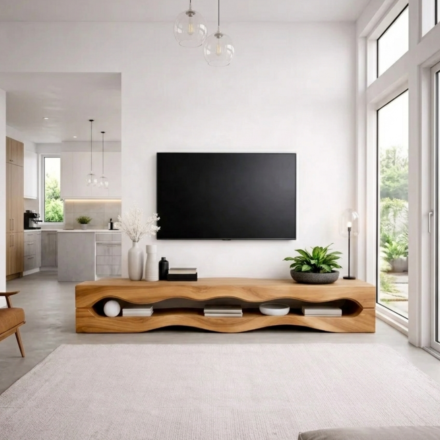Solid Wood Wave TV Stand with Open Shelves for Modern Minimalist Living Room