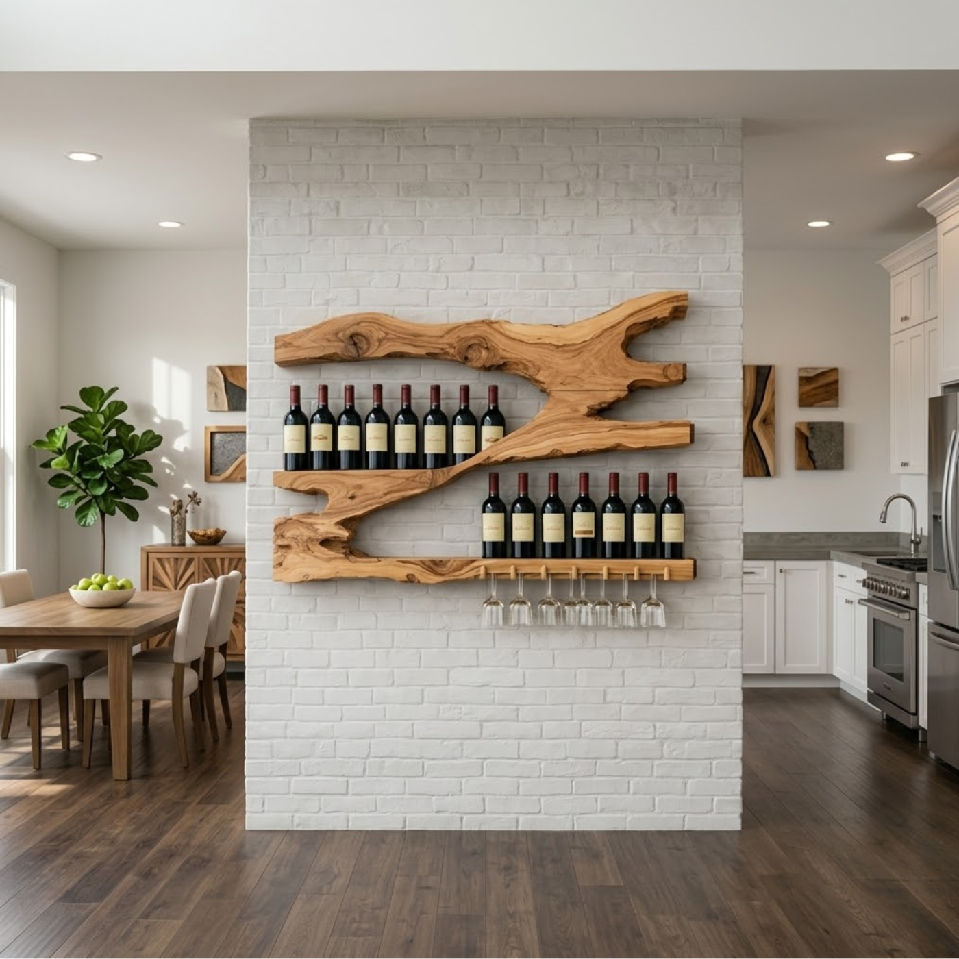 Live Edge Solid Wood Wine Rack Wall Shelf with Glass Holder