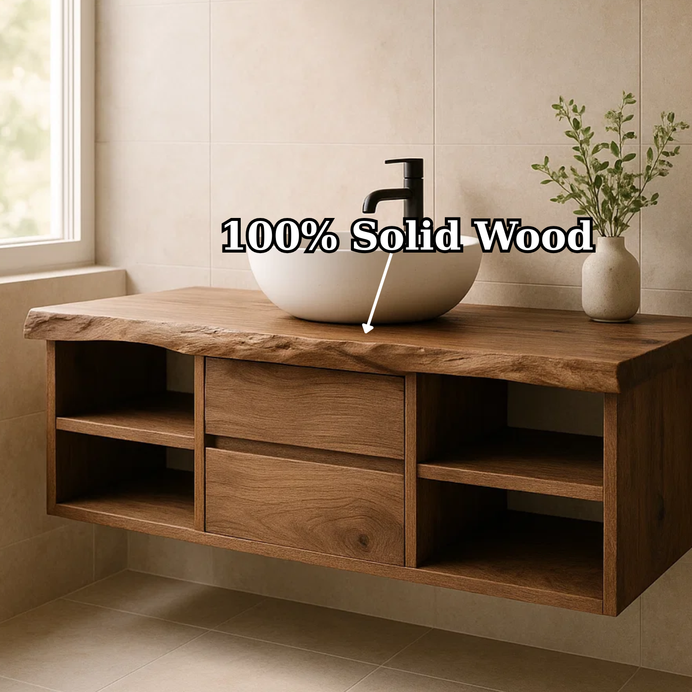 Minimalist Solid Wood Floating Bathroom Vanity with Live Edge Countertop and Dual Open Shelving