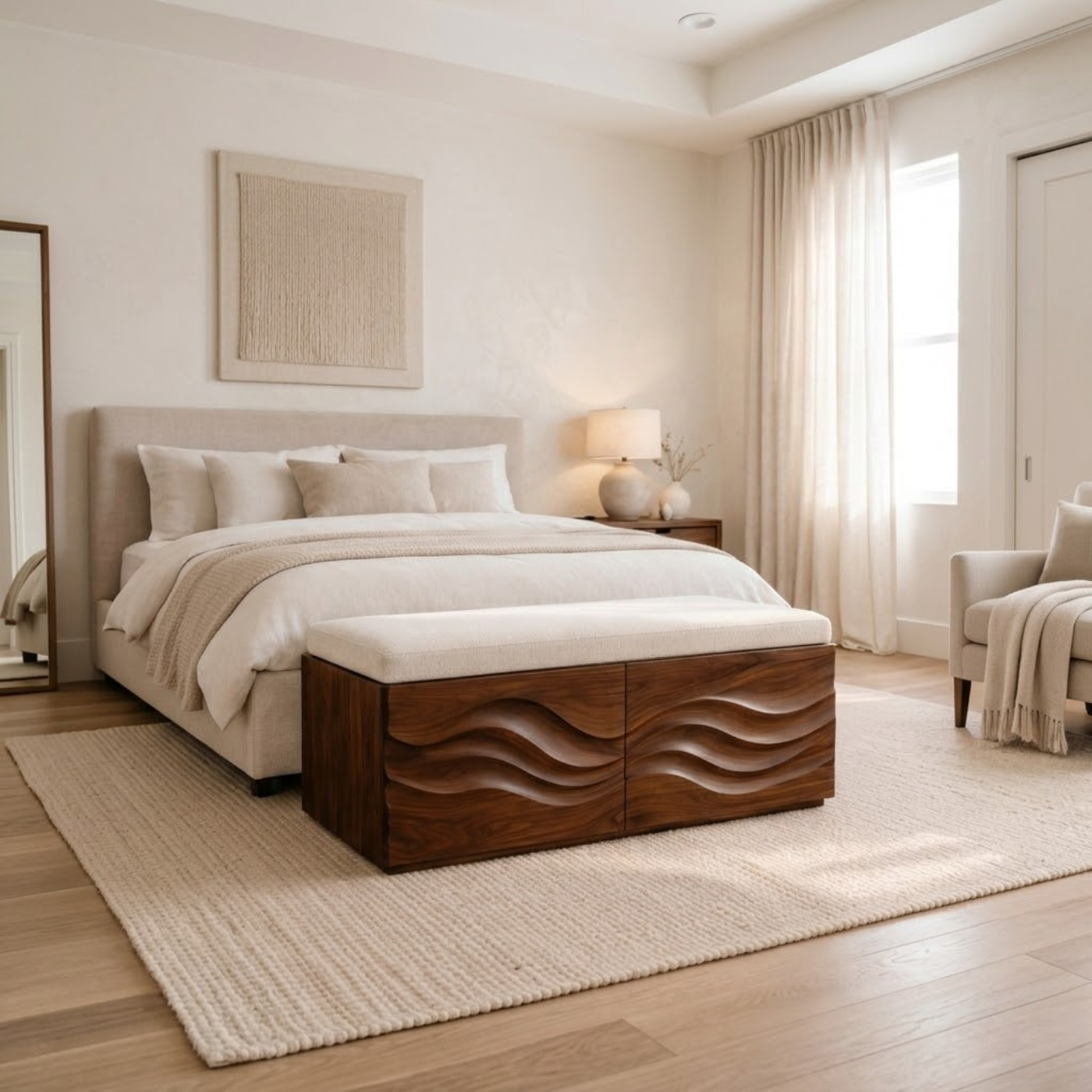 Solid Wood Storage Bench with Wave Carved Front for Bedroom or Entryway