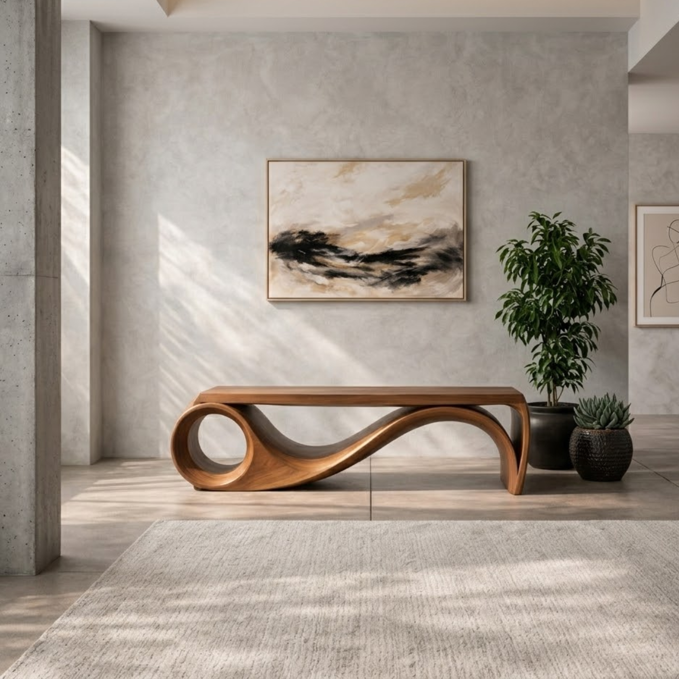 Solid Wood Sculptural Bench with Curved Wave Base Modern Design