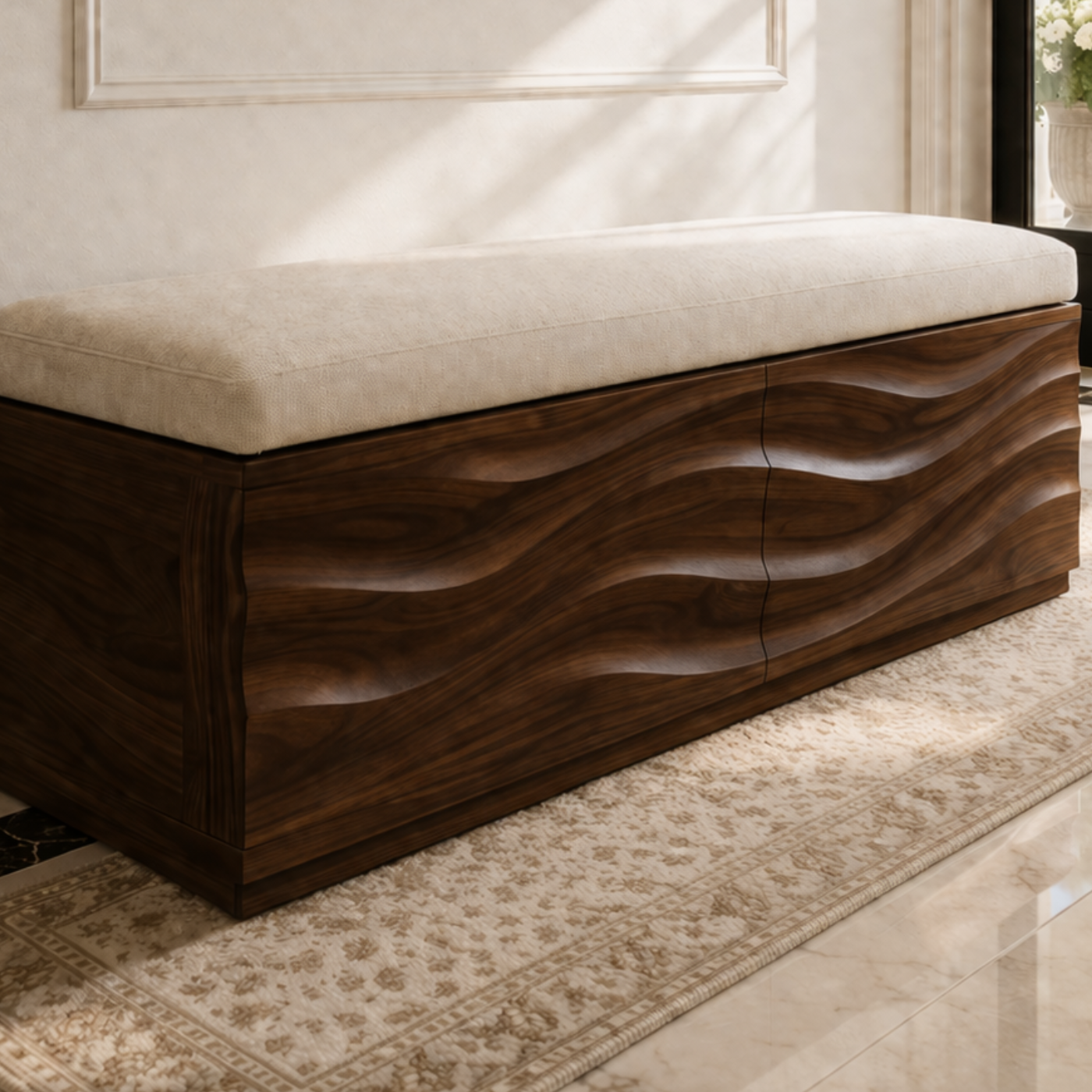 Solid Wood Storage Bench with Upholstered Top and Wave Carved Design