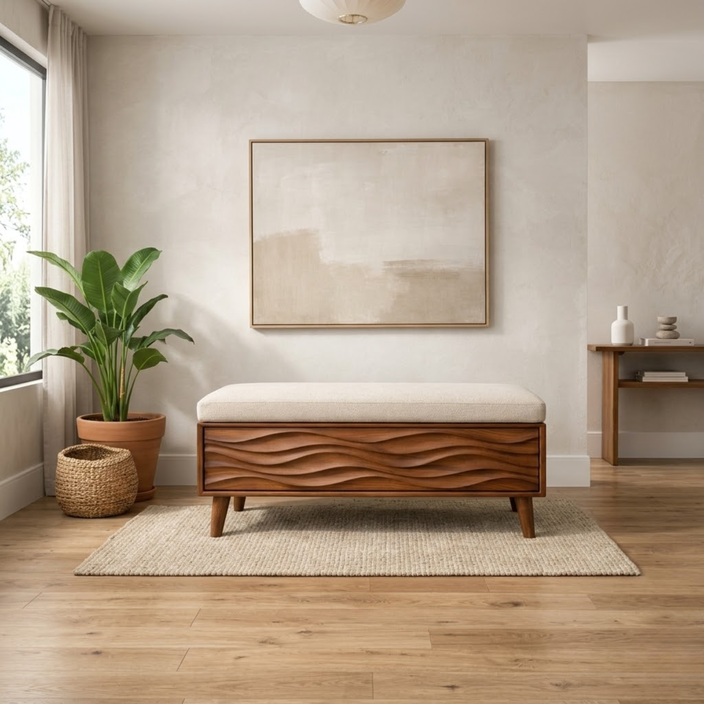 Solid Wood Storage Bench with Upholstered Seat and Wave Carved Front