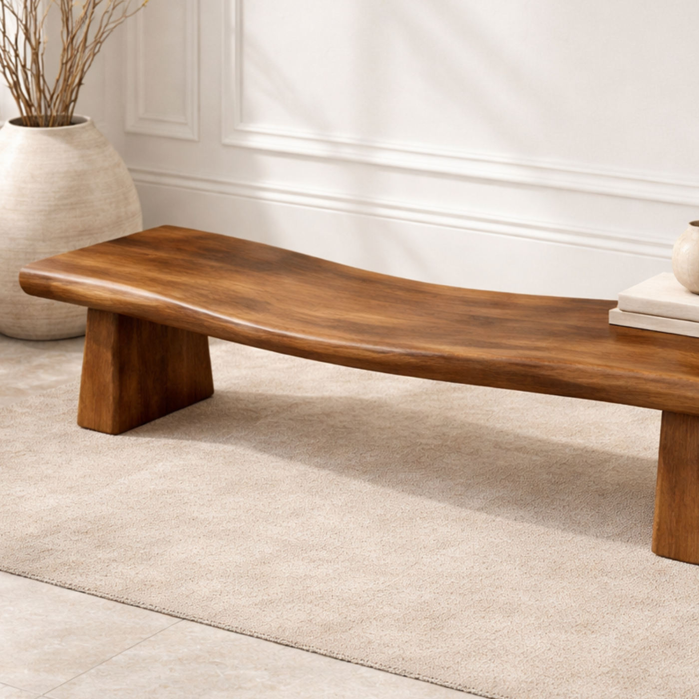 Handcrafted Solid Wood Curved Bench with Sculptural Pedestal Legs