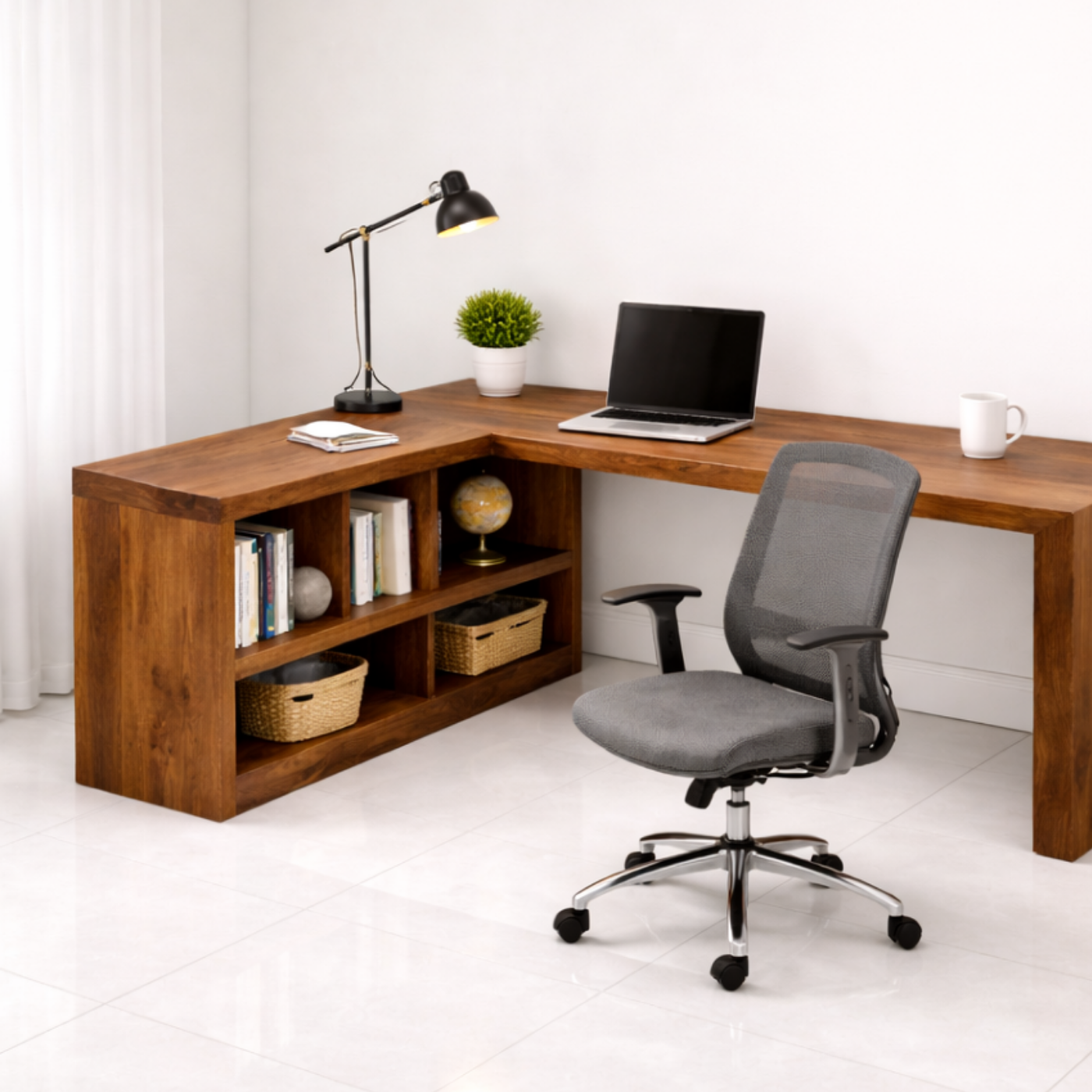 Solid Wood L-Shaped Desk with Open Shelves for Home Office