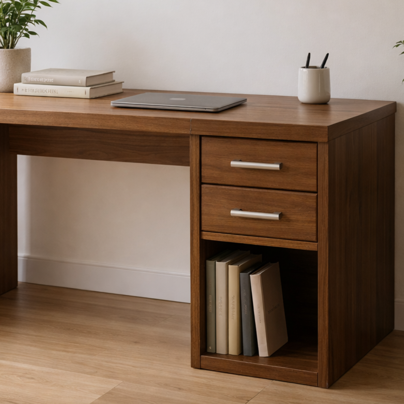 Solid Wood Desk with Drawers and Open Storage for Home Office