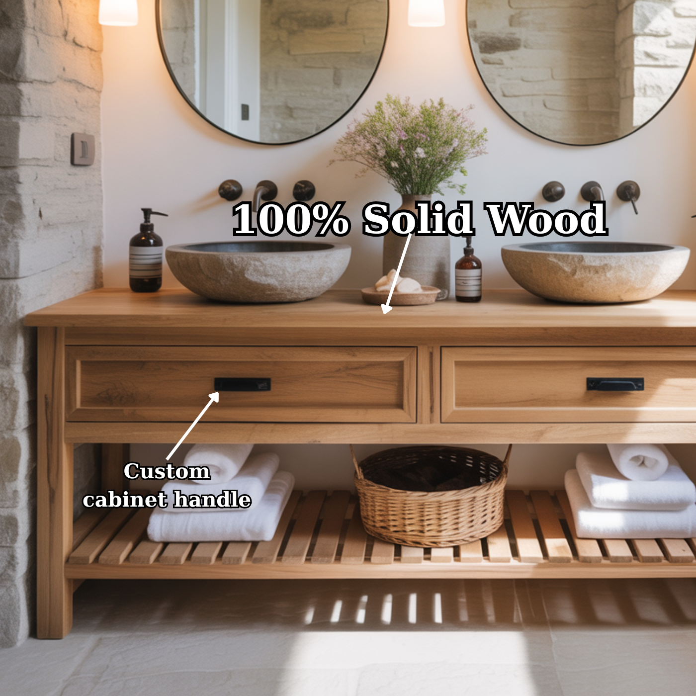 Rustic Solid Wood Double Bathroom Vanity with Open Slatted Shelf