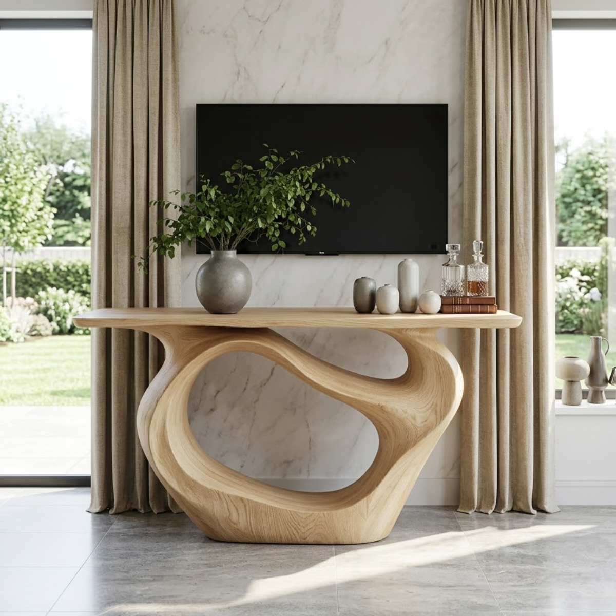 Solid Wood Console Table with Organic Curved Base, Modern Artistic Design