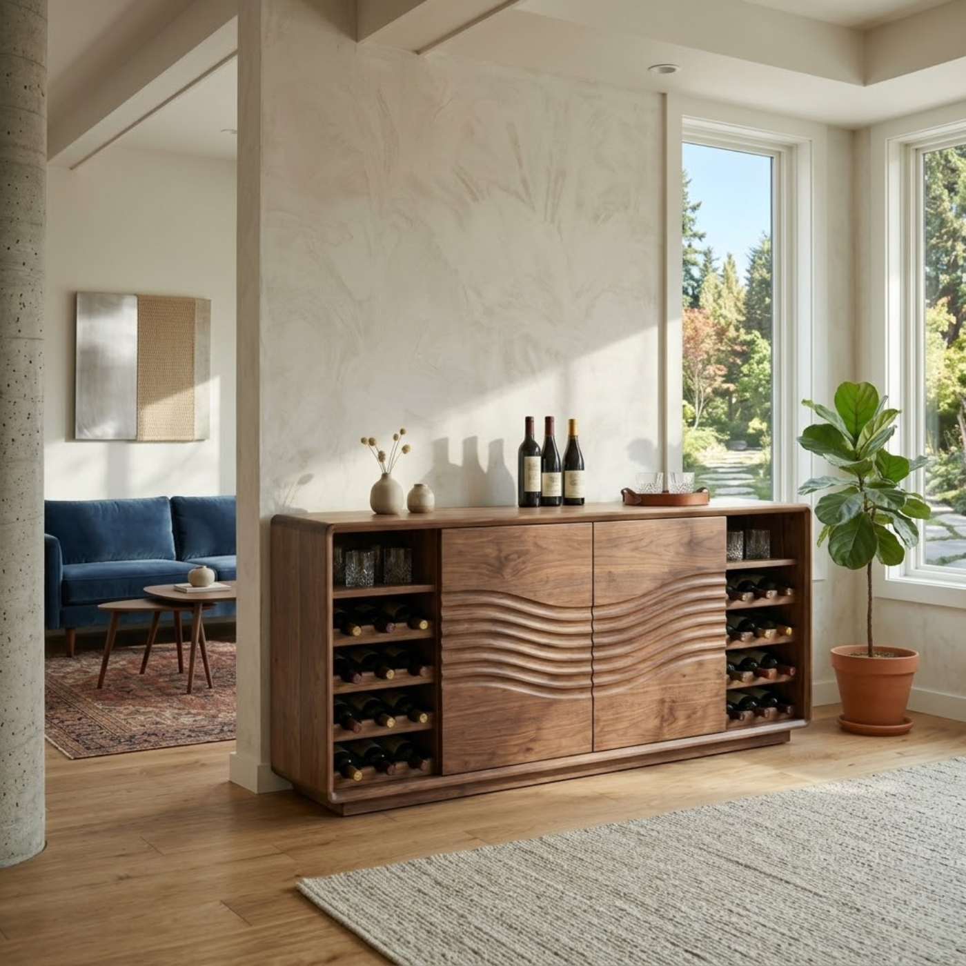 Solid Wood Wine Cabinet with Wave Front Doors and Built-in Bottle Storage