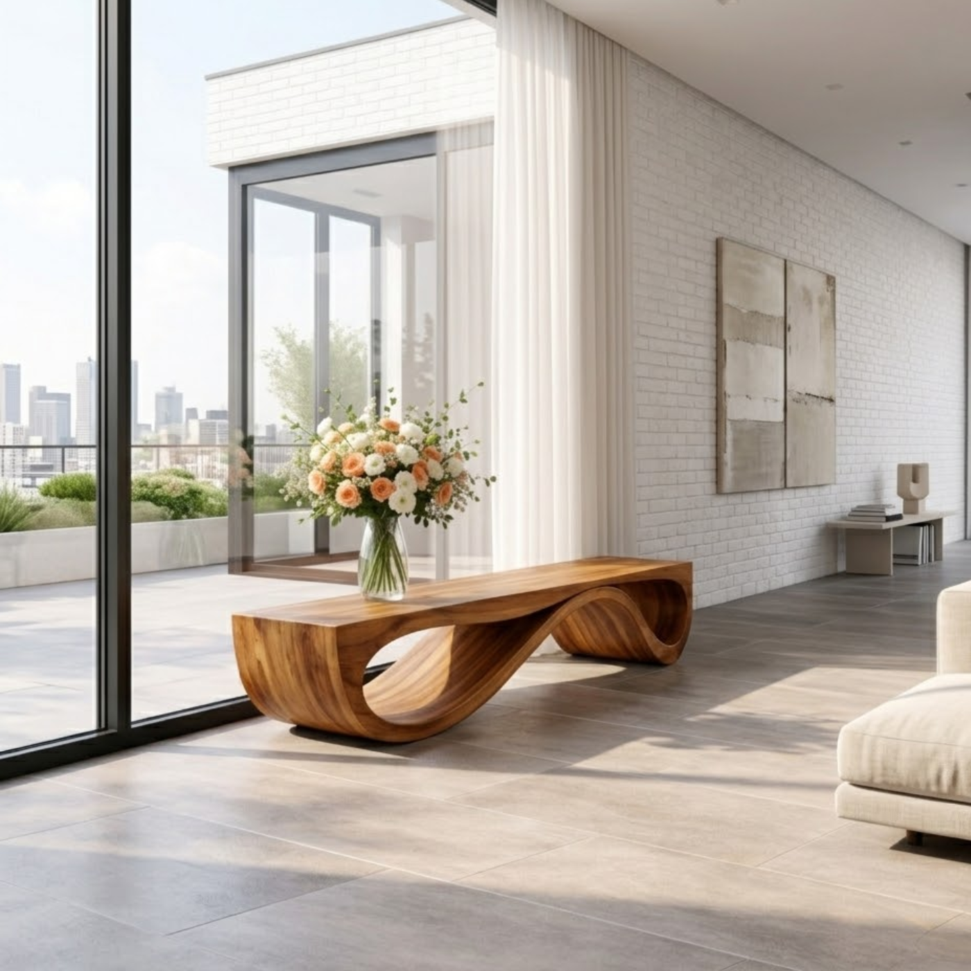 Handcrafted Solid Wood Bench with Sculptural Wave Base Design