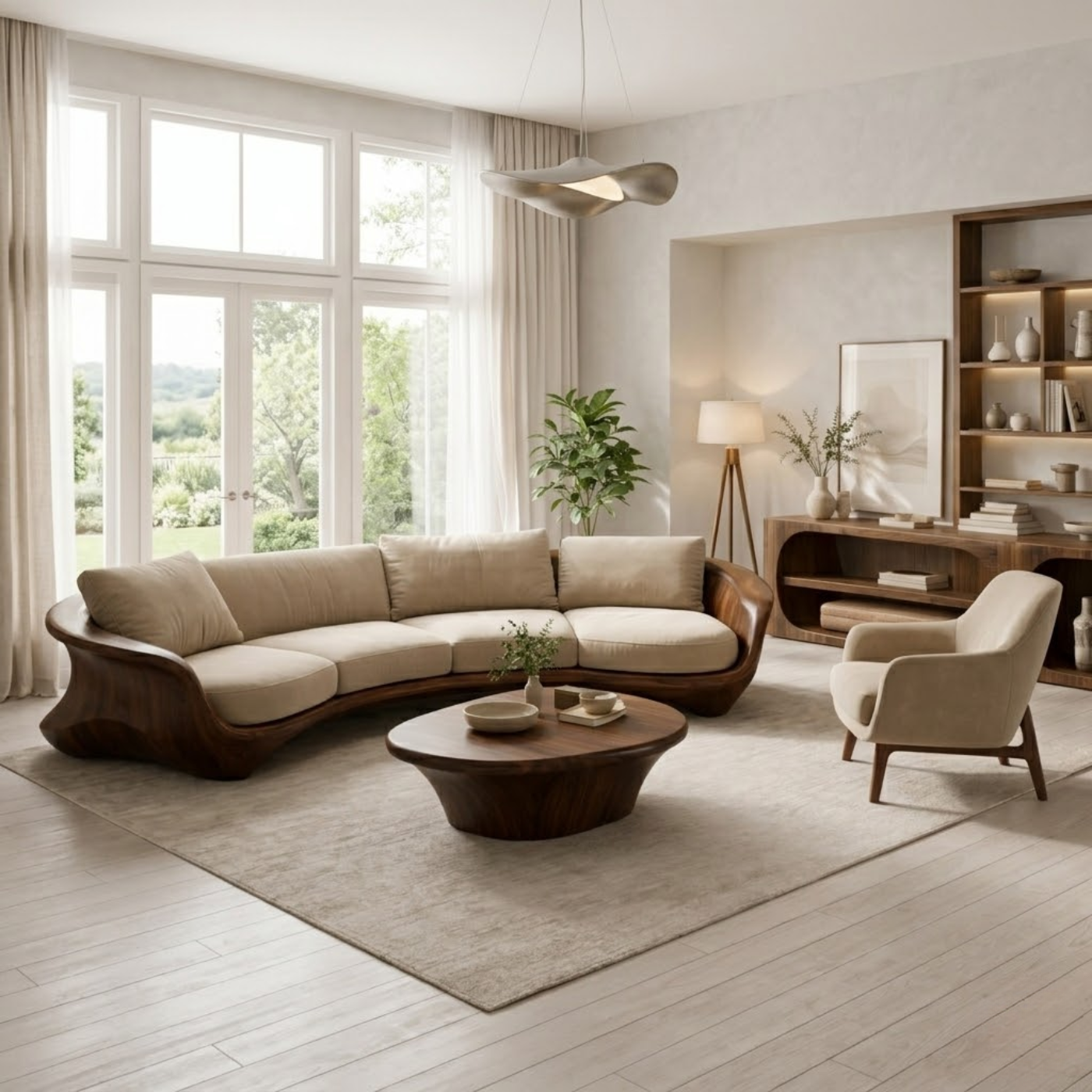 Curved Solid Wood Sofa with Sculptural Frame – Luxury Modern Organic Design