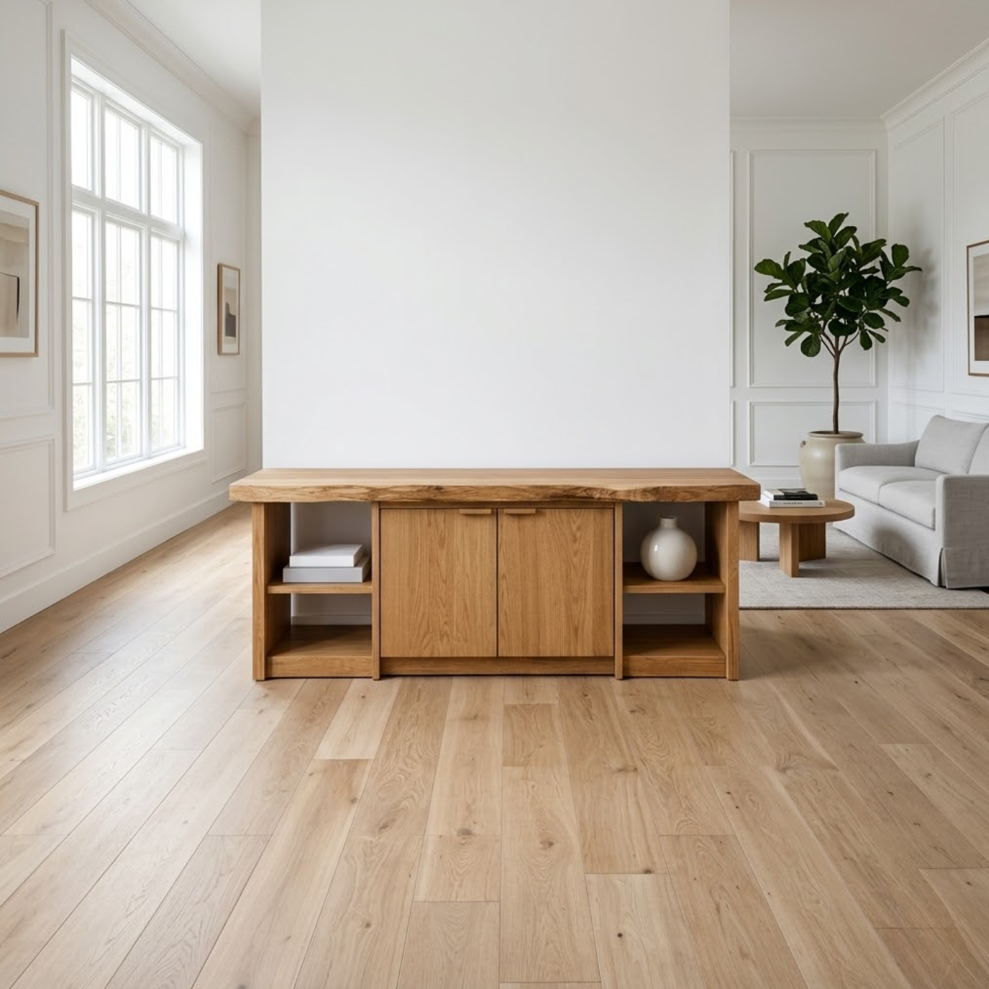Solid Wood Console Table with Storage Cabinets & Shelves – Modern Rustic Entryway Table