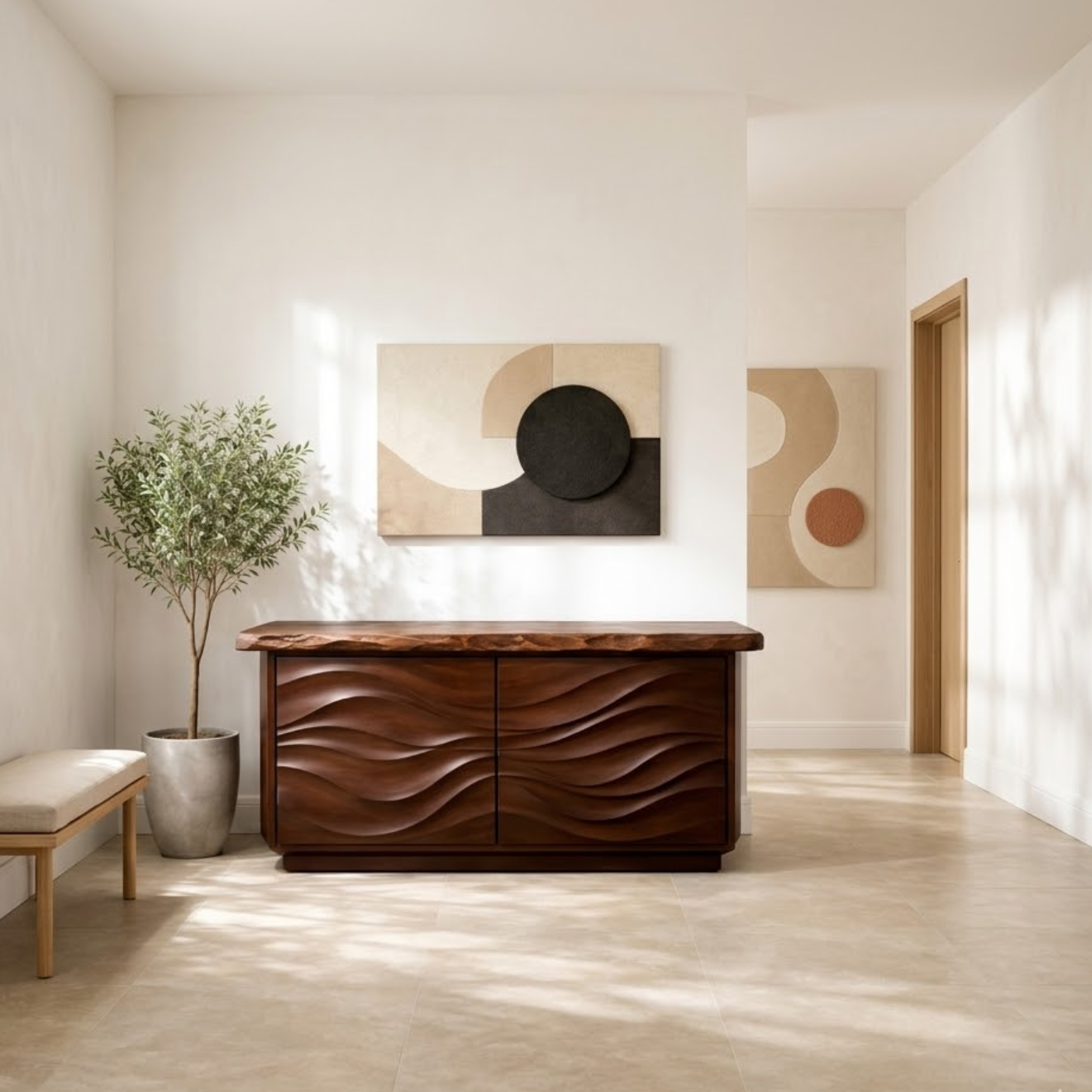 Solid Wood Console Table with Carved Wave Doors – Modern Sculptural Entryway Cabinet