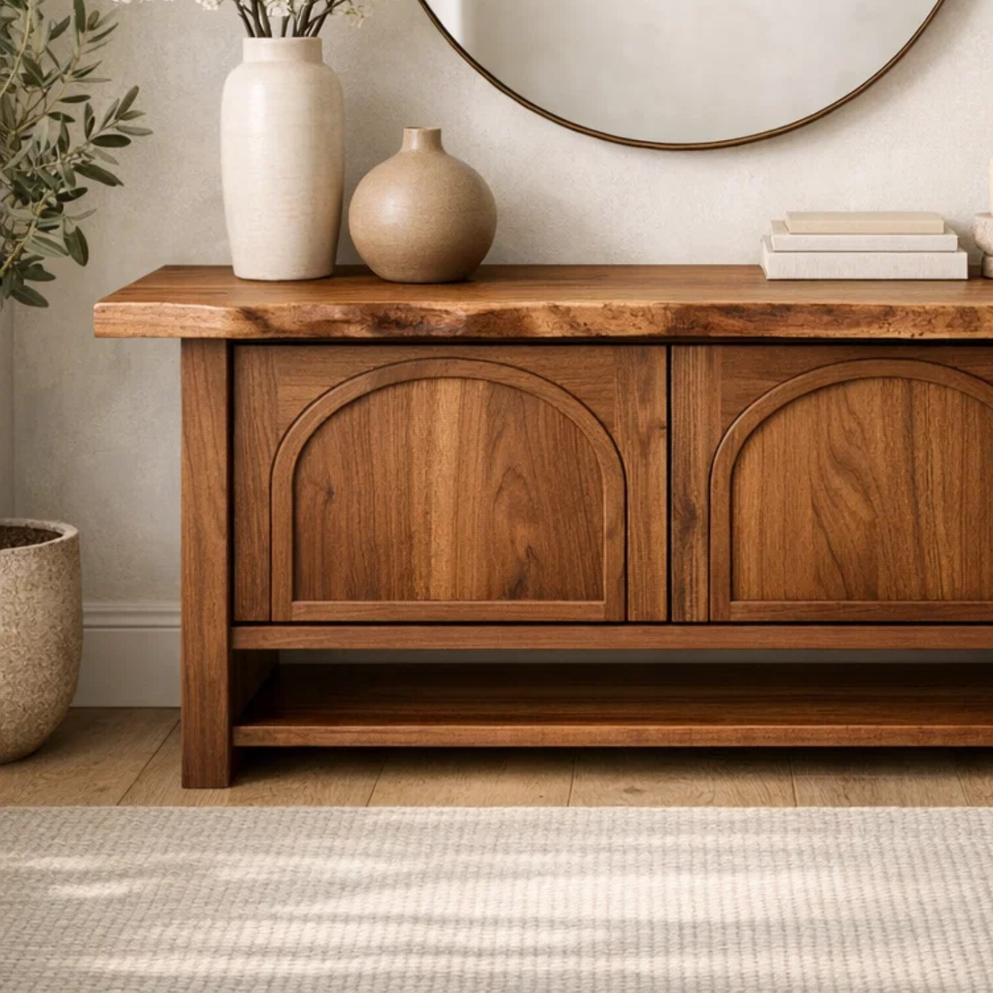 Solid Wood Console Cabinet – Rustic Entryway Storage Table with Arched Doors