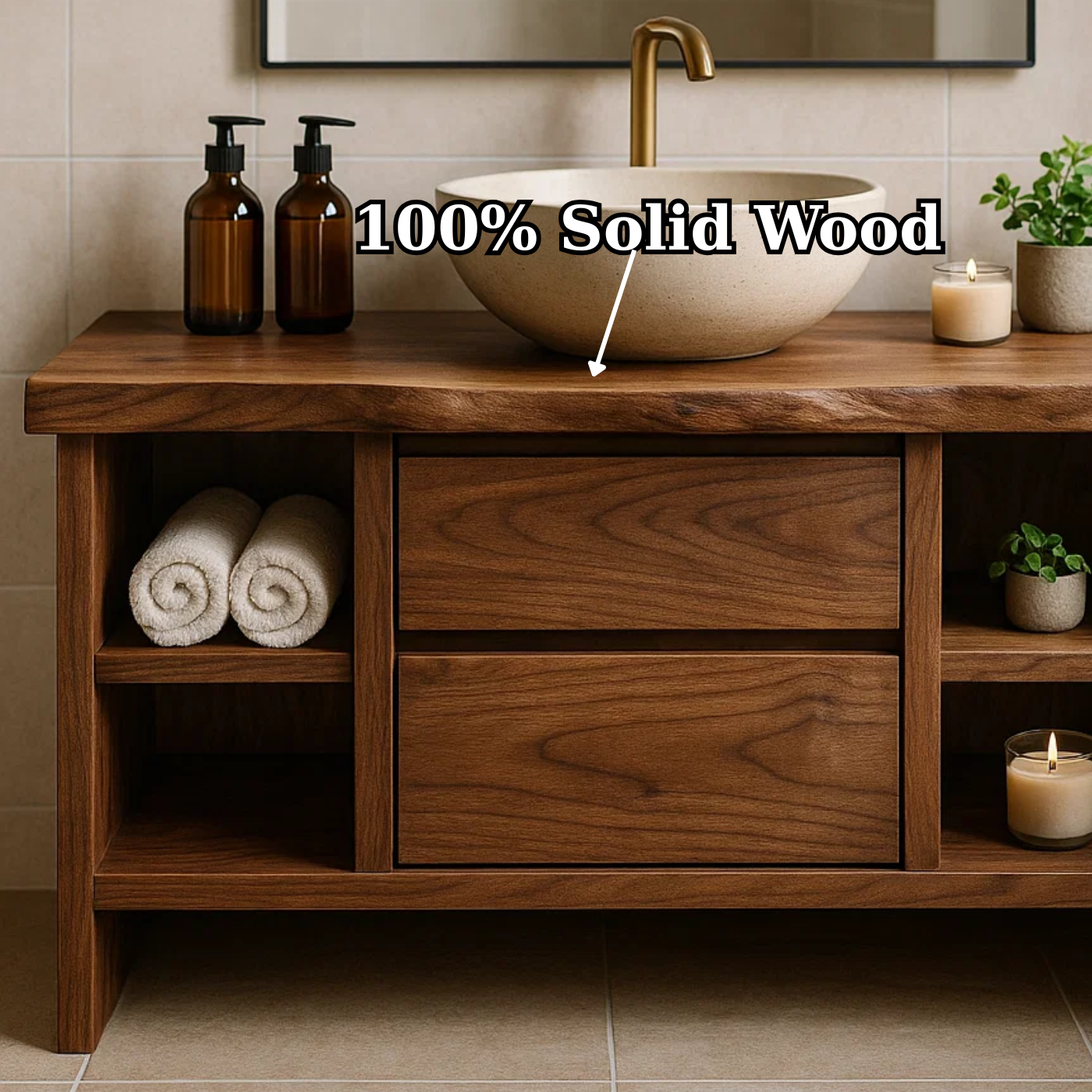 Solid Wood Bathroom Vanity with Open Shelving and Double Drawers