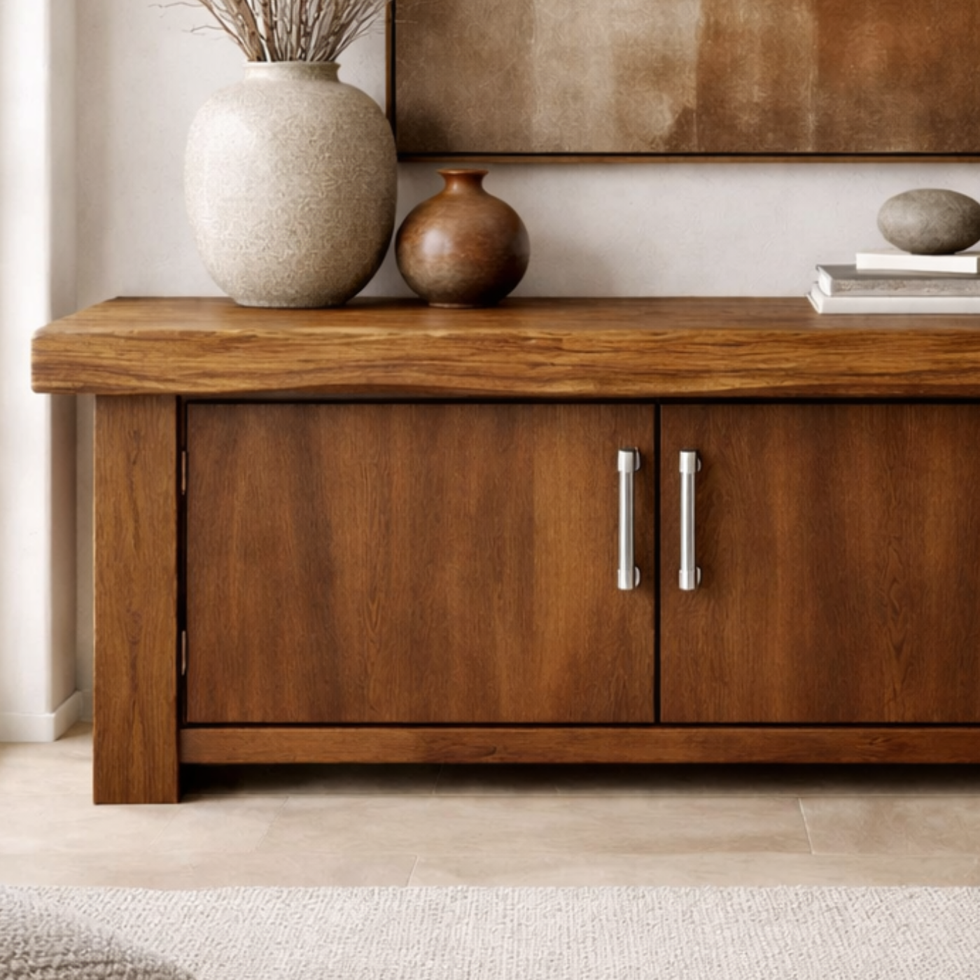 Solid Wood Console Cabinet – Modern Rustic Entryway Storage Table with Double Doors
