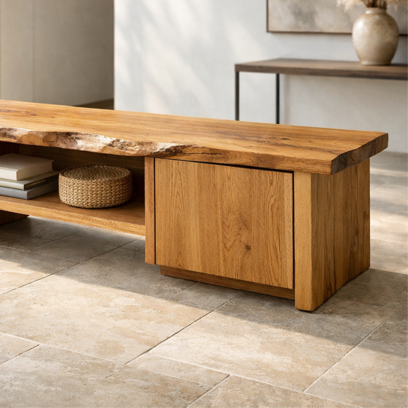 Solid Wood Entryway Bench with Storage Cabinet & Open Shelf – Rustic Modern Design