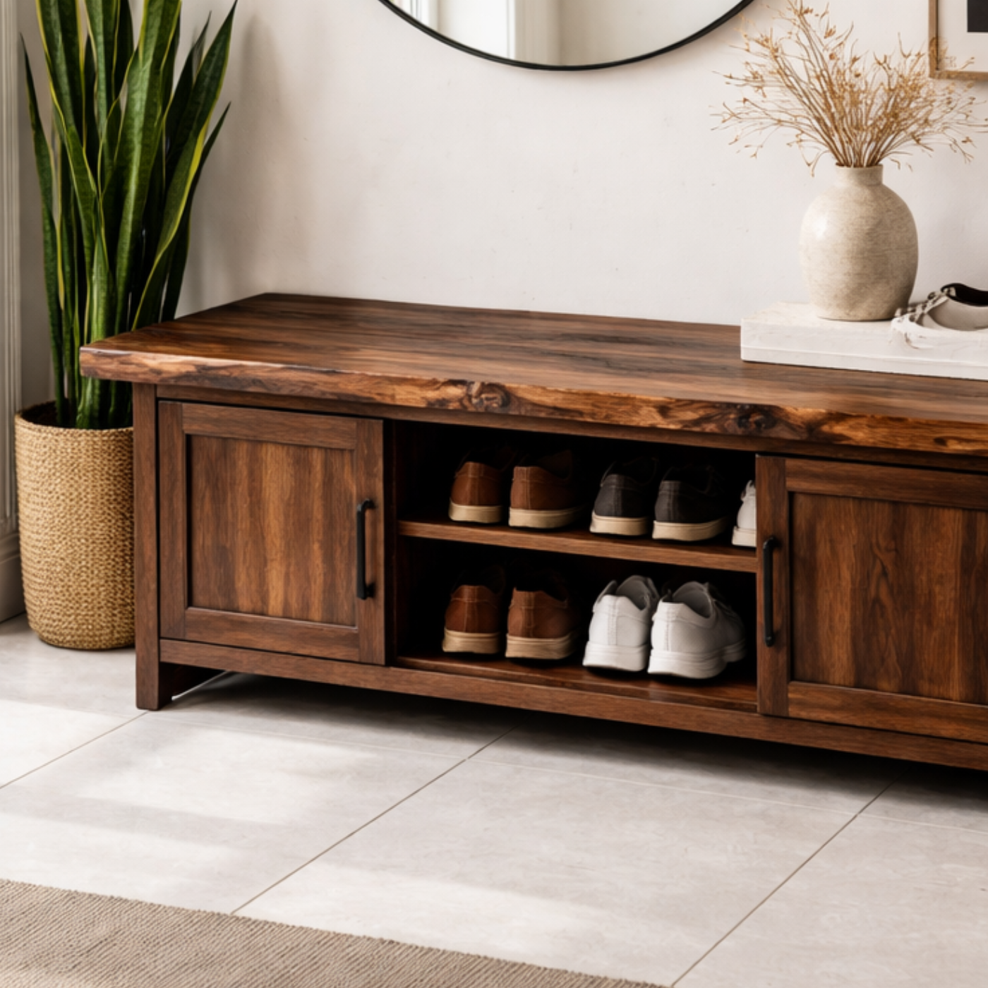 Solid Wood Entryway Bench with Cabinet & Open Shoe Storage – Rustic Modern Bench