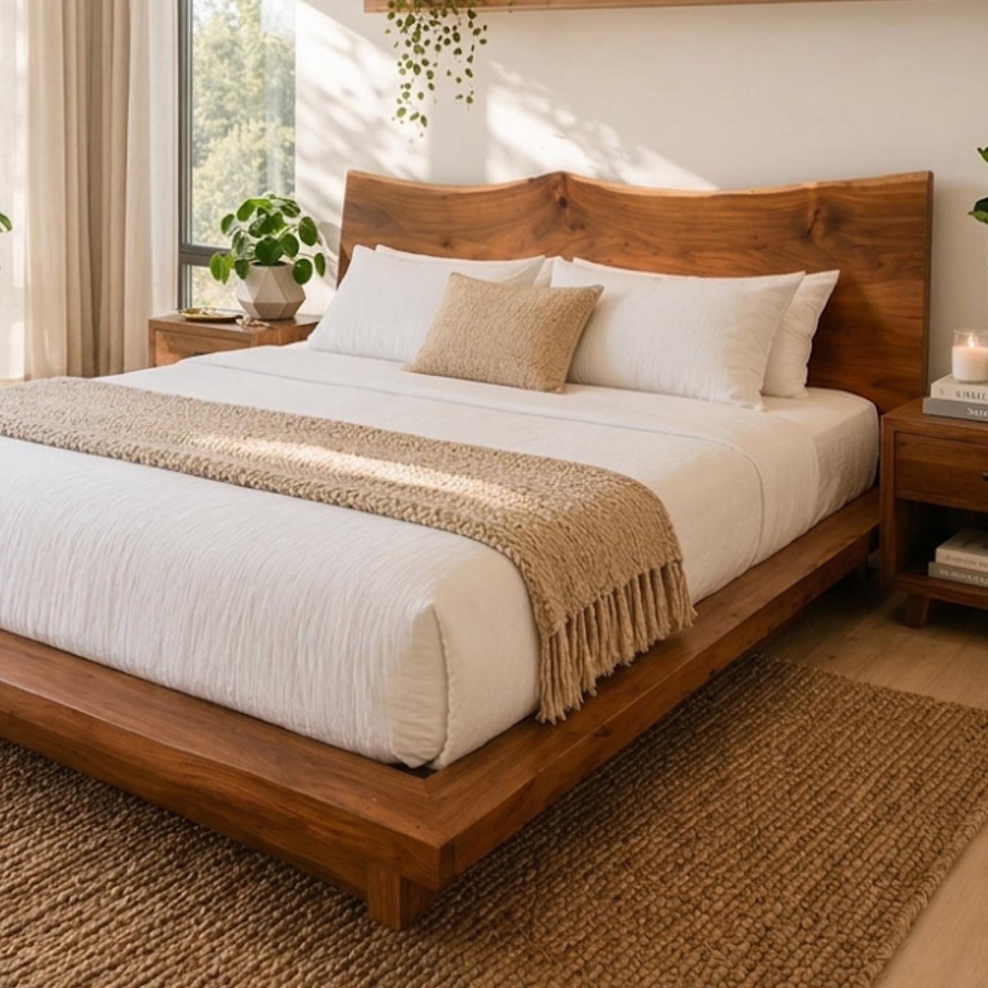 Handcrafted Live Edge Solid Wood Platform Bed Frame, Rustic Minimalist Bedroom Furniture