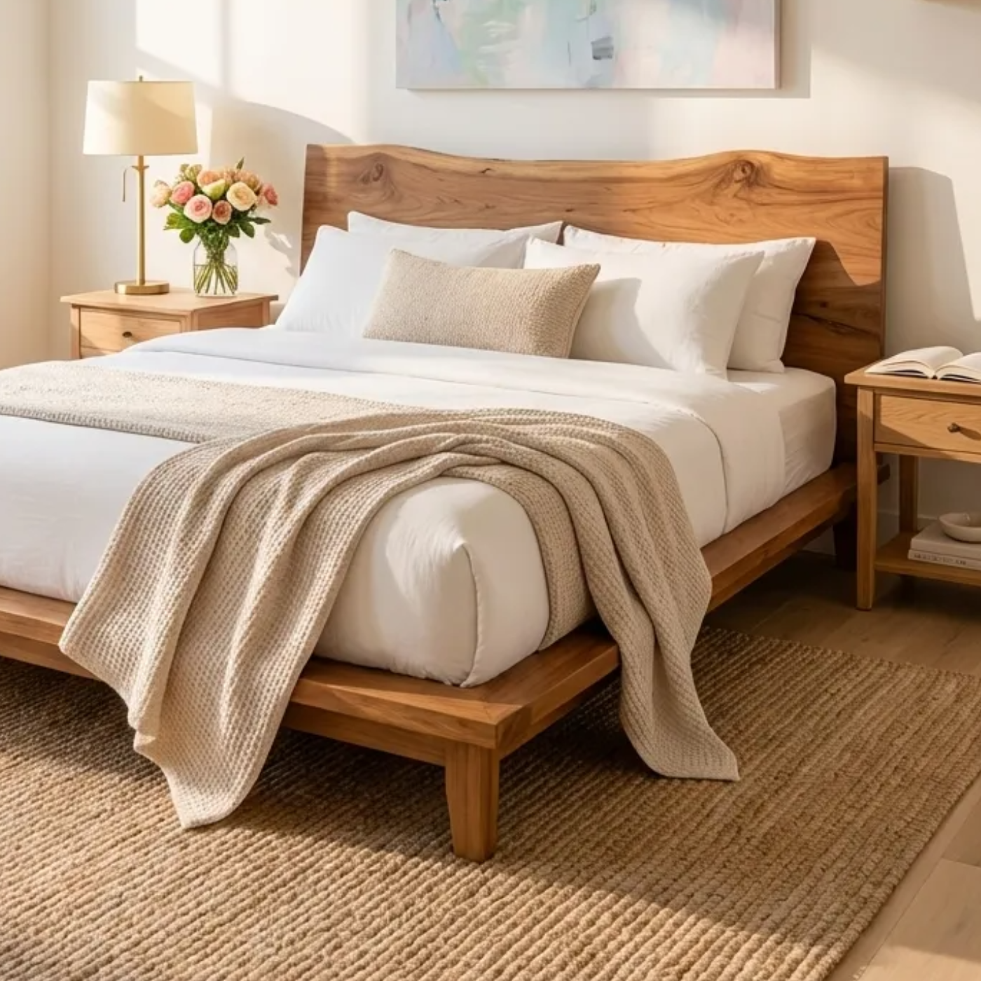 Handcrafted Solid Wood Live Edge Platform Bed Frame, Organic Wavy Headboard Furniture