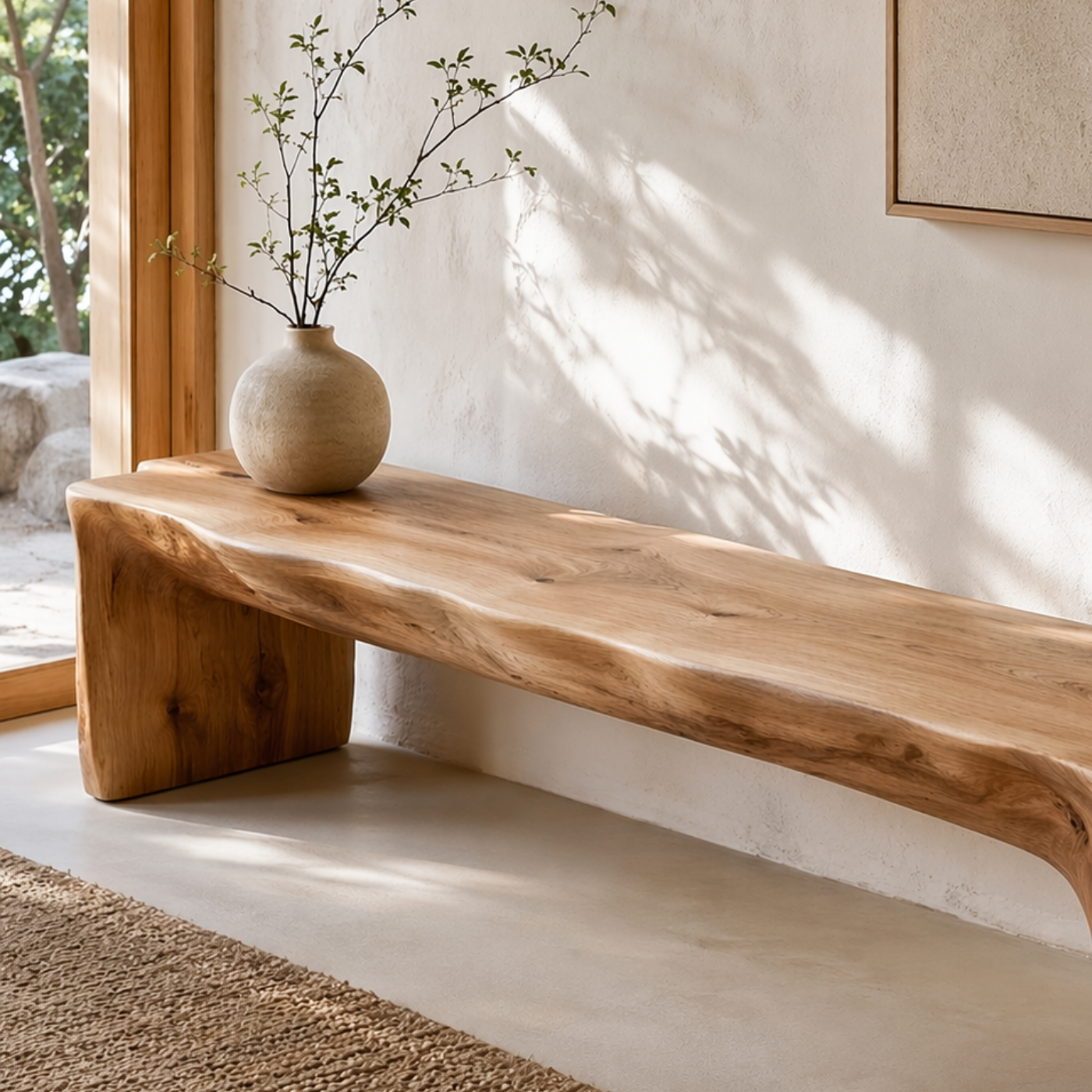 HandcraftedLive Edge Solid Wood Bench, Rustic Entryway Seat, Minimalist Organic Modern Furniture