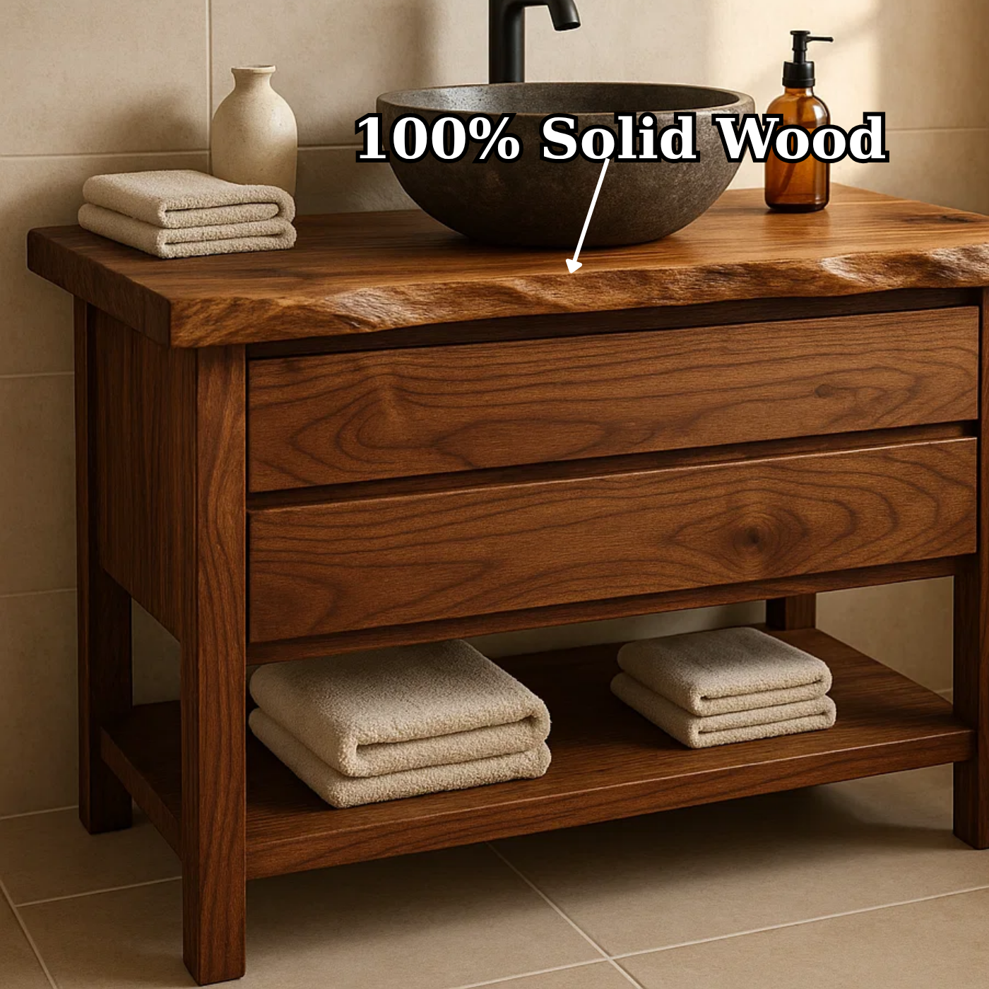 Live Edge Solid Wood Bathroom Vanity with Two Drawers and Open Bottom Shelf for Warm Modern Bathrooms