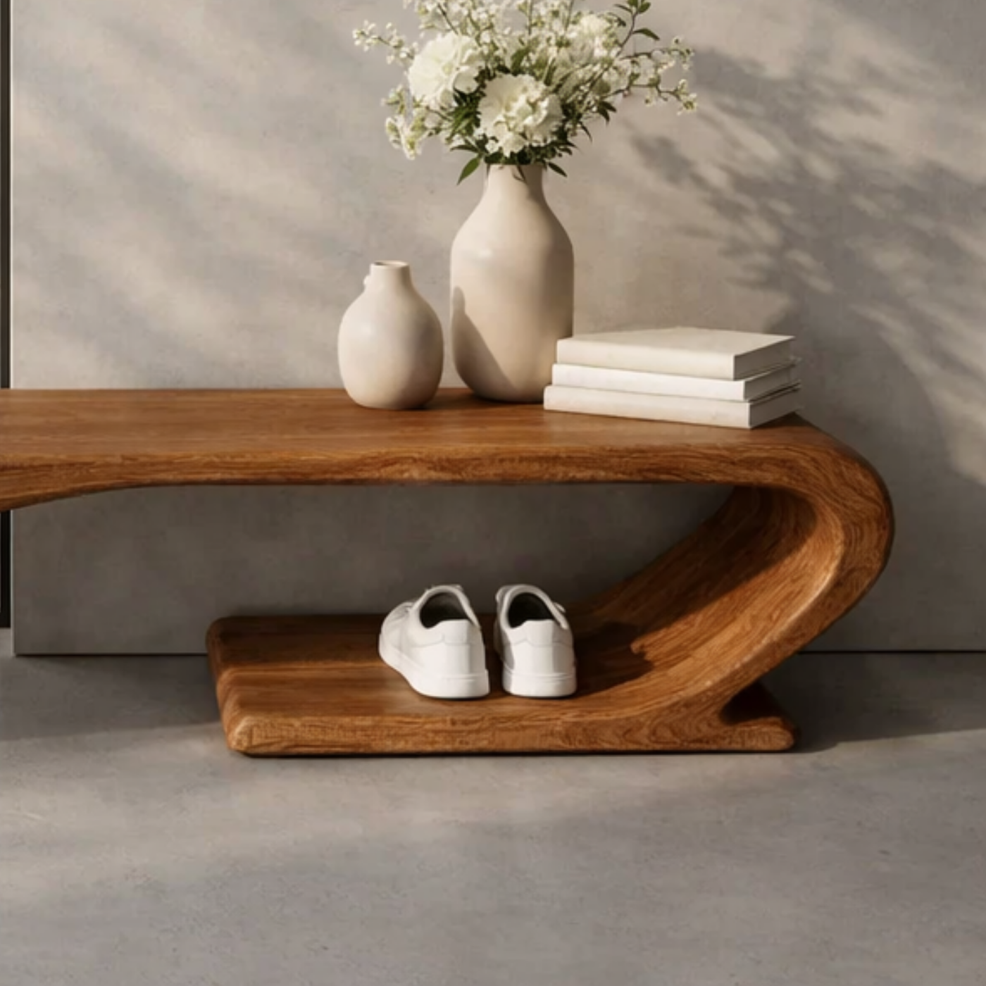 Solid Wood Sculptural Entryway Bench, Organic Wavy Minimalist Hallway Seat