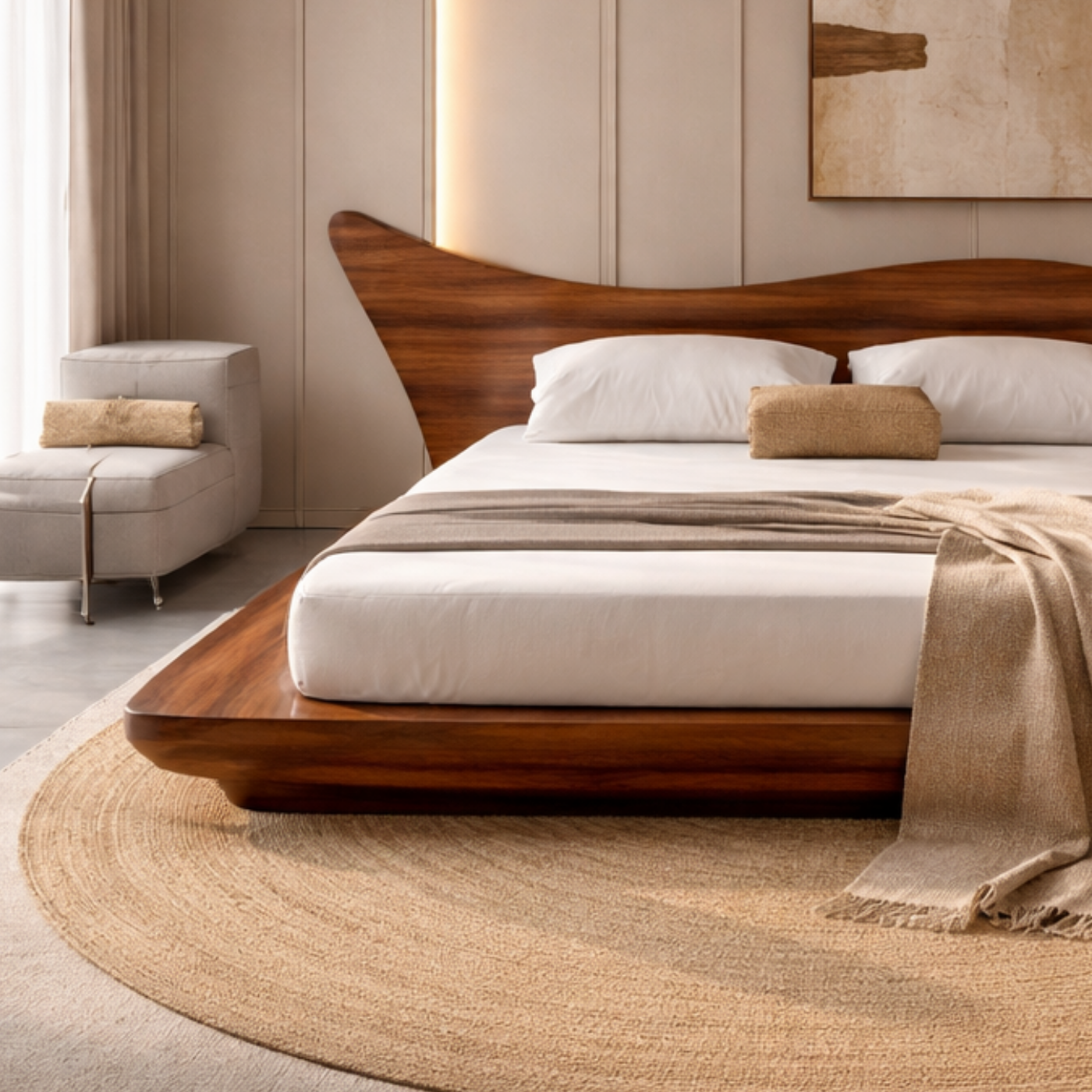 Solid Wood Platform Bed with Organic Curved Headboard – Modern Walnut Bed Frame, Luxury Minimalist Bedroom Furniture