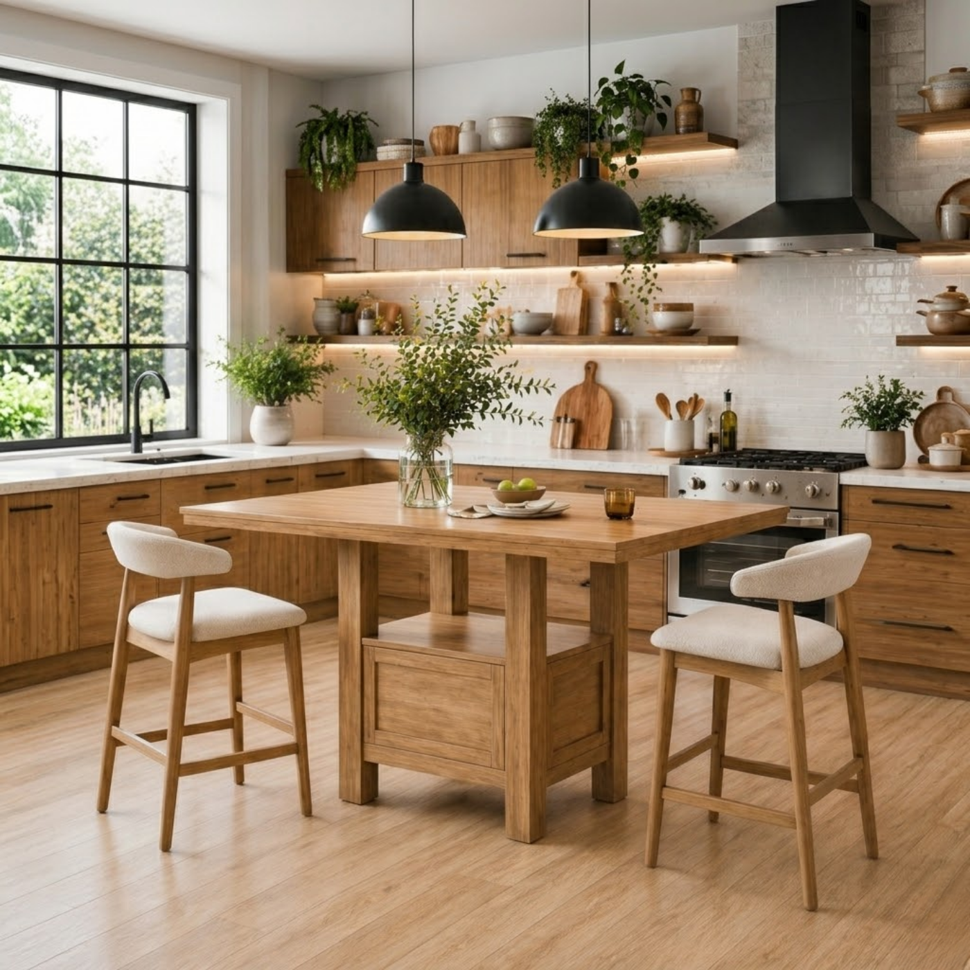 Solid Wood Kitchen Island Table with Storage Base – Walnut Dining Island Table, Rustic Modern Kitchen Table