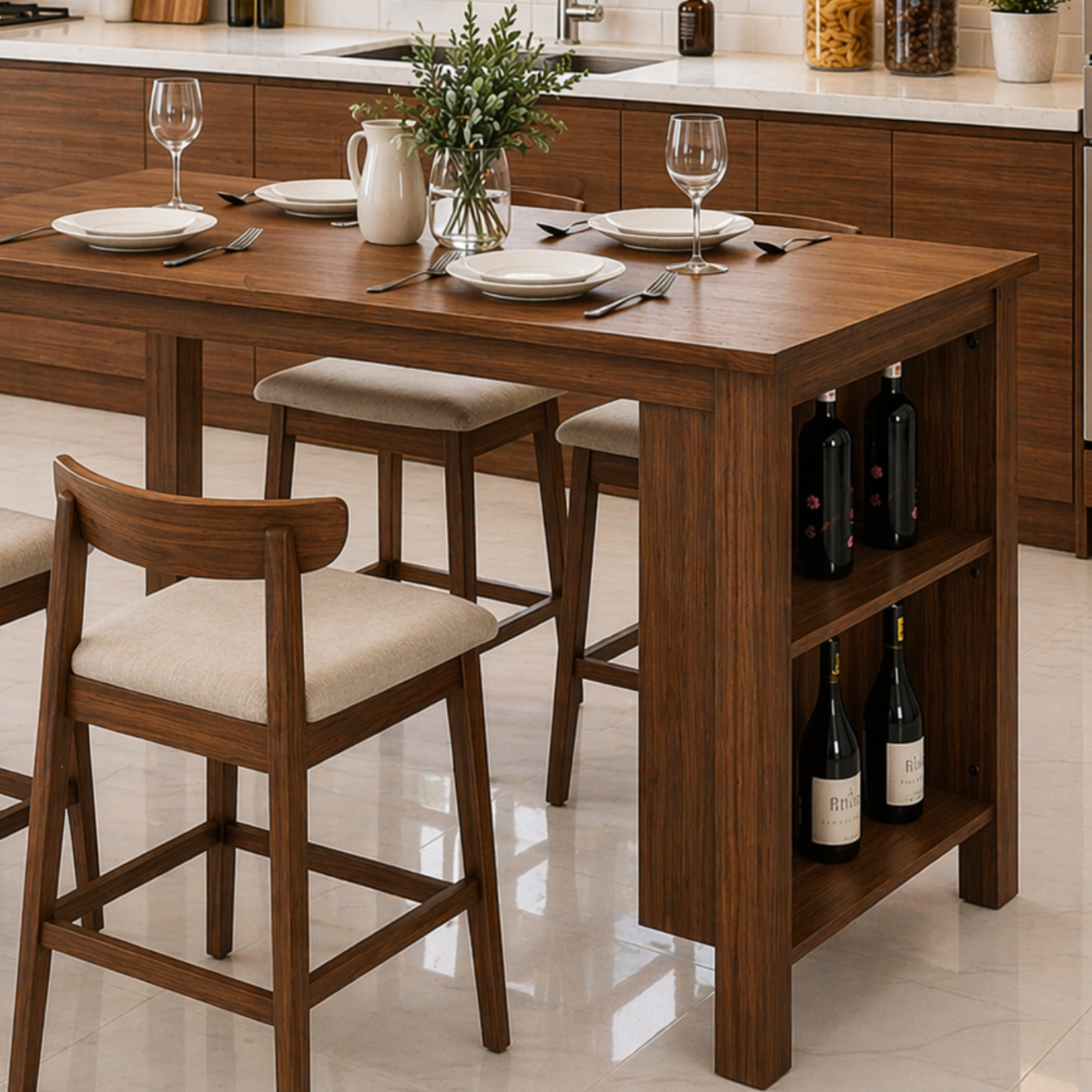 Solid Wood Kitchen Island Dining Table with Wine Rack – Oak Kitchen Table with Storage, Modern Minimalist Dining Island