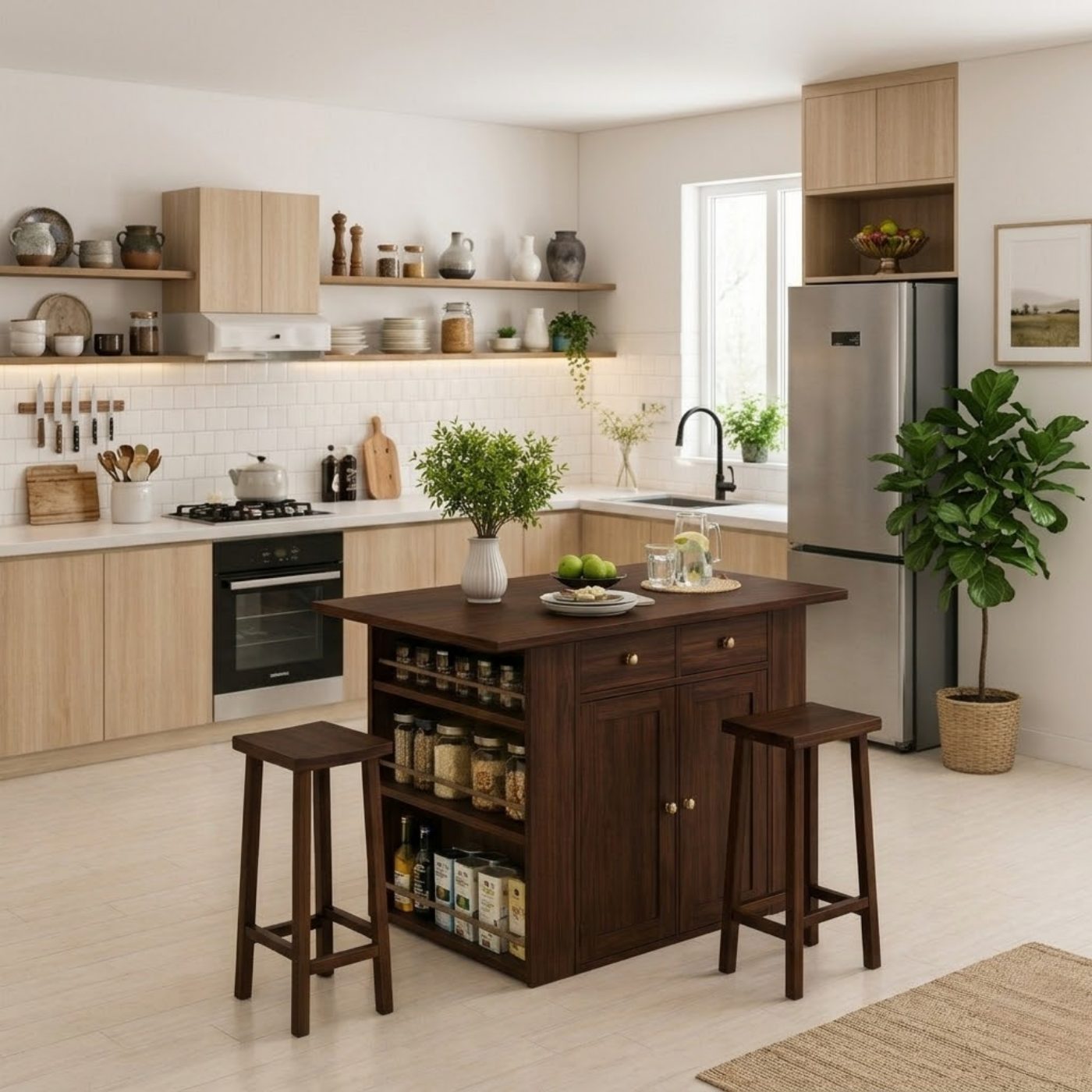 Solid Wood Kitchen Island with Spice Rack & Storage – Kitchen Table with Cabinets, Compact Dining Island