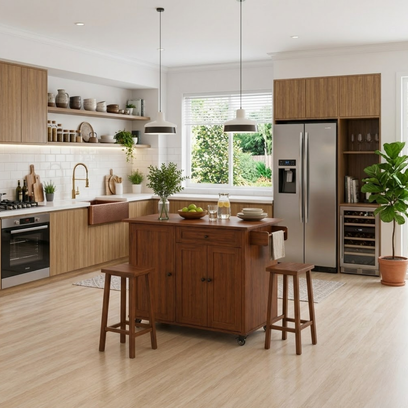 Solid Wood Kitchen Island with Seating – Walnut Rolling Storage Table with Cabinet & Towel Bar