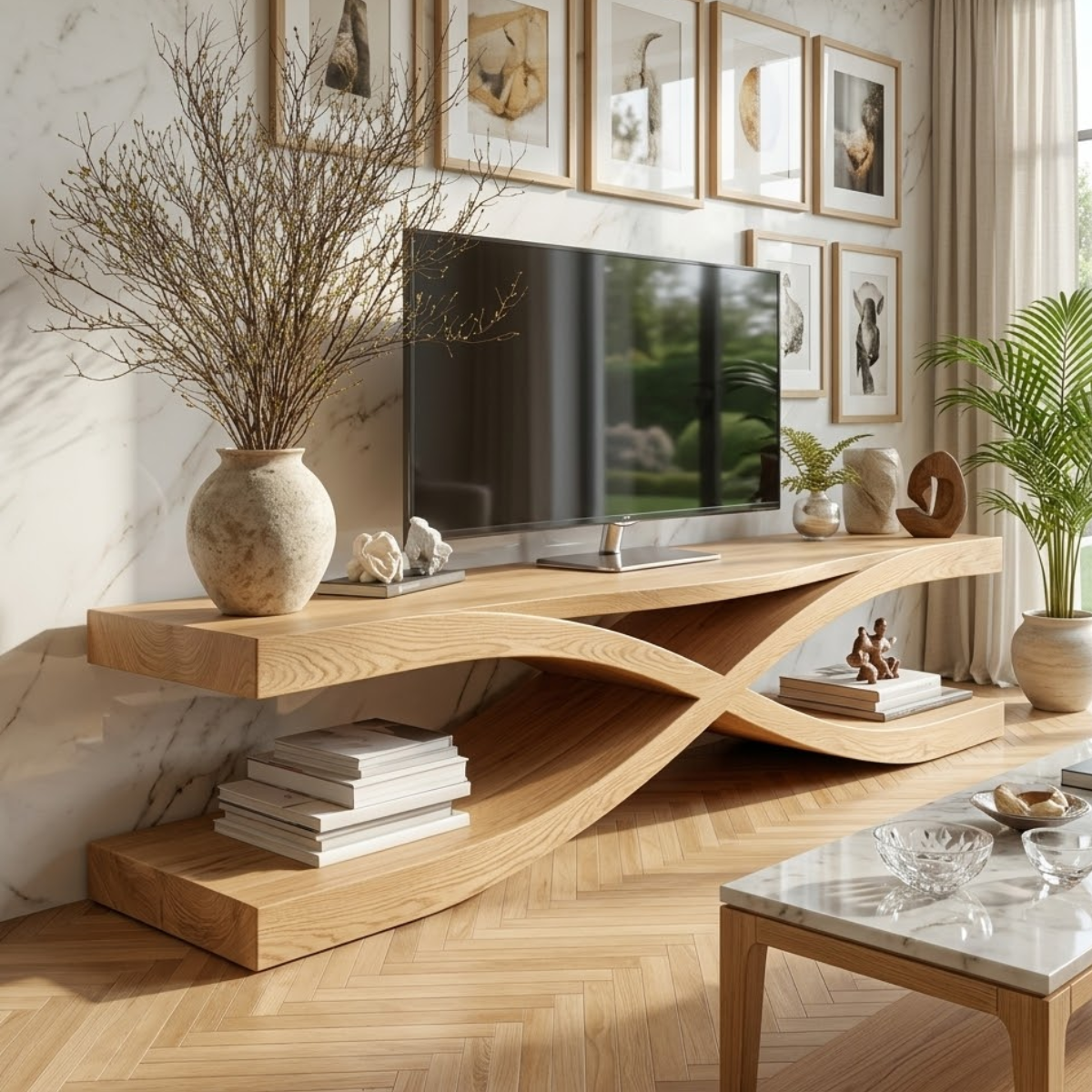 Modern Wave TV Console, Sculptural Media Stand, Minimalist Living Room Cabinet