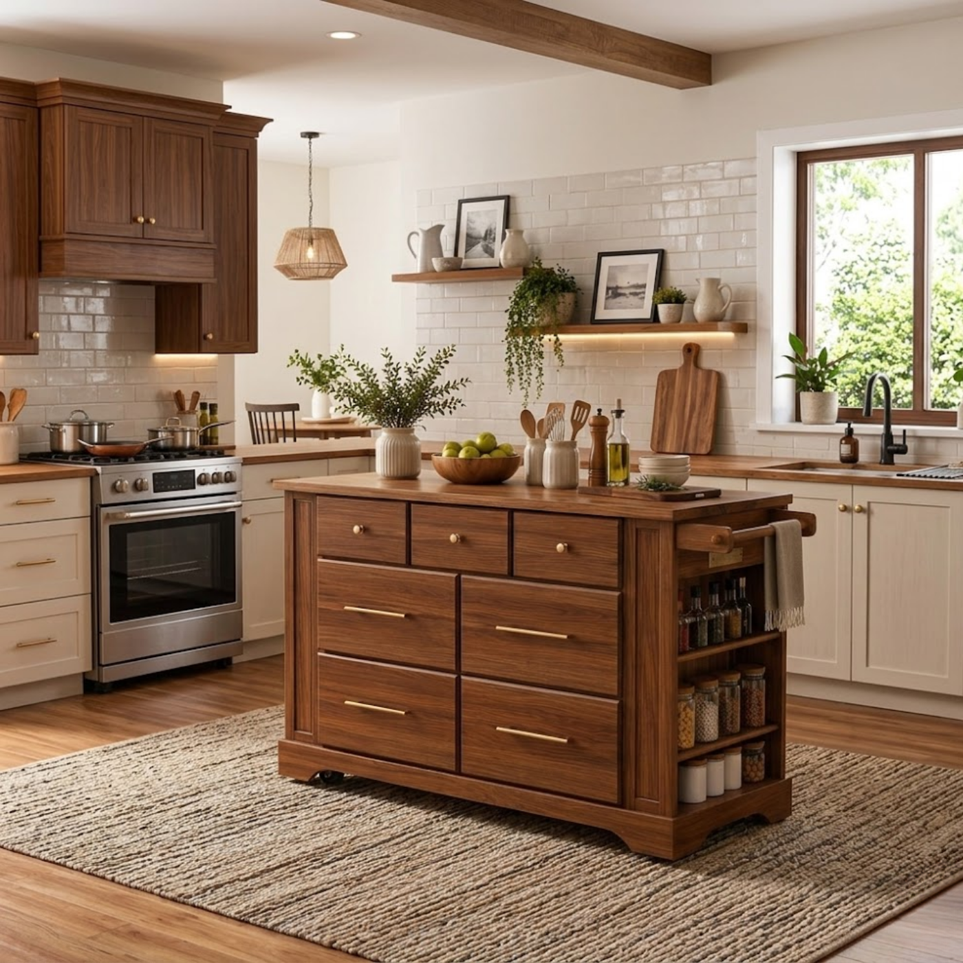 Solid Wood Kitchen Island with Drawers & Side Storage – Rolling Walnut Kitchen Cart with Spice Rack