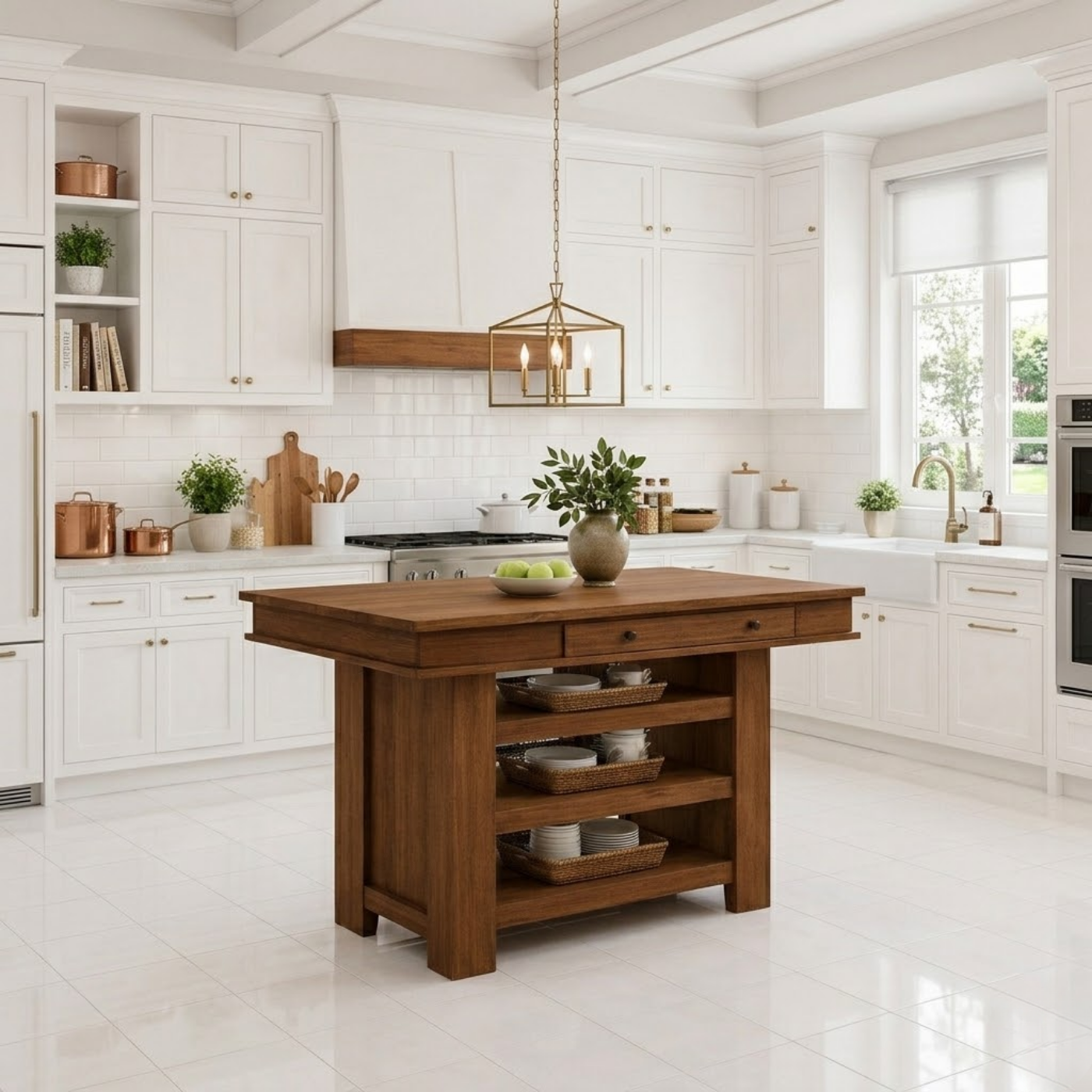 Solid Wood Kitchen Island with Storage – Walnut Prep Table with Shelves