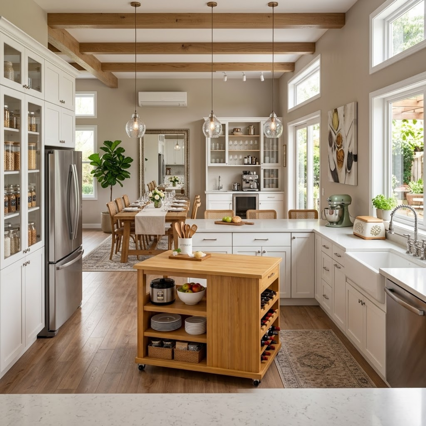 Solid Wood Kitchen Island Cart with Storage – Oak Prep Table with Wine Rack