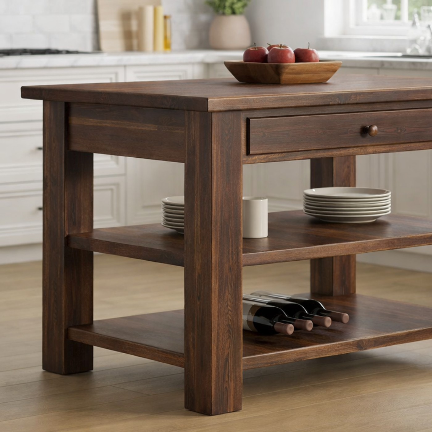 Solid Wood Kitchen Island Table with Storage – Walnut Prep Table with Drawer & Open Shelves
