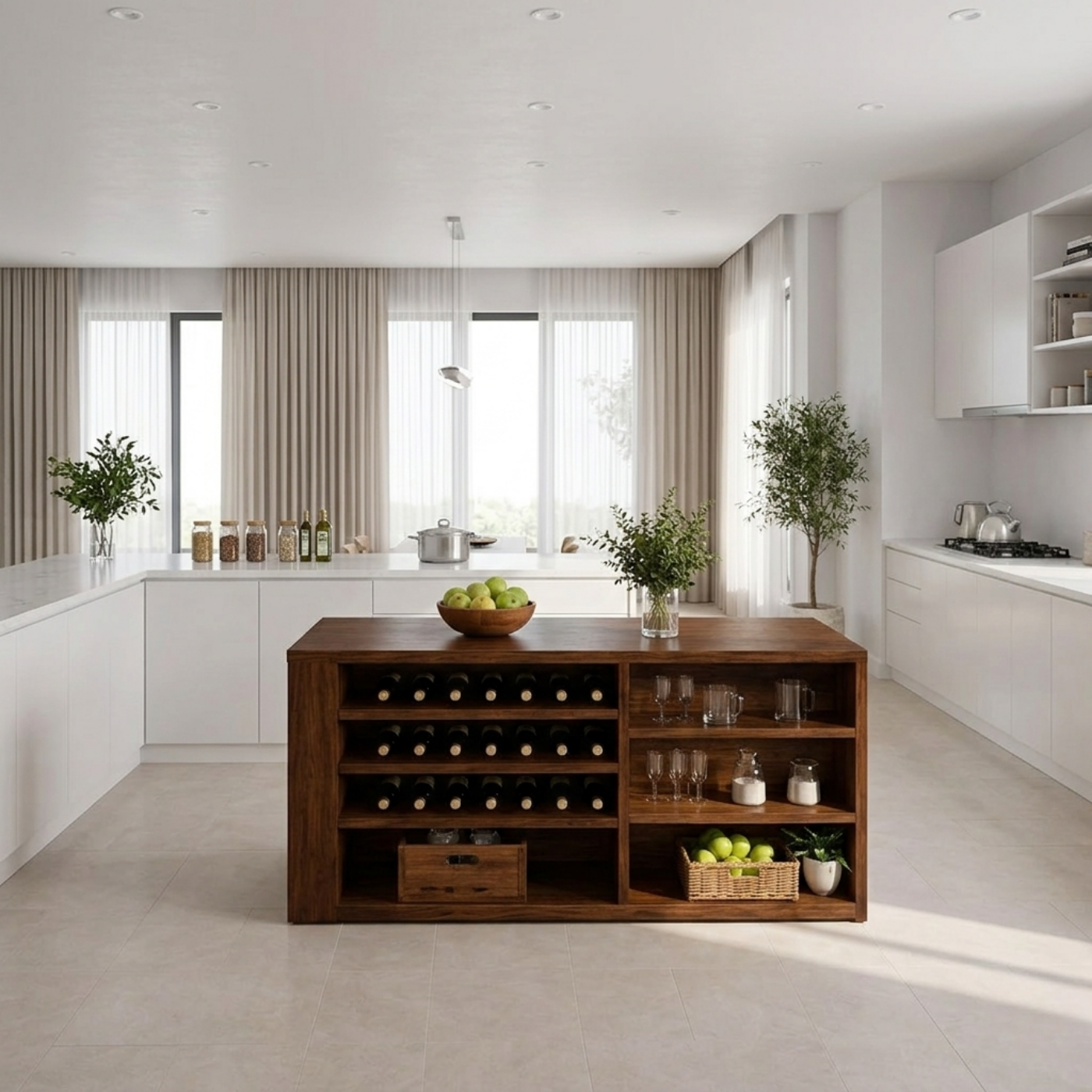 Solid Wood Kitchen Island with Wine Rack & Storage Shelves