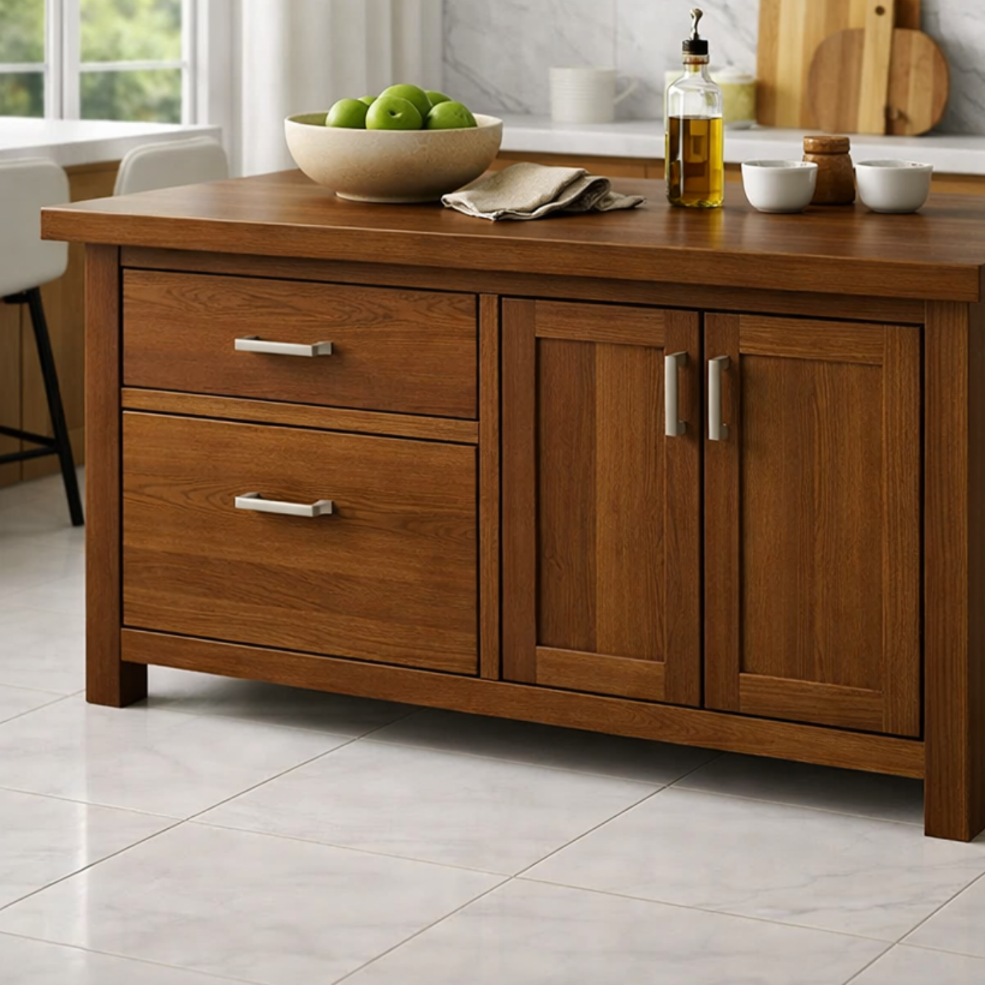 Solid Wood Kitchen Island with Drawers & Cabinet – Modern Kitchen Storage Table