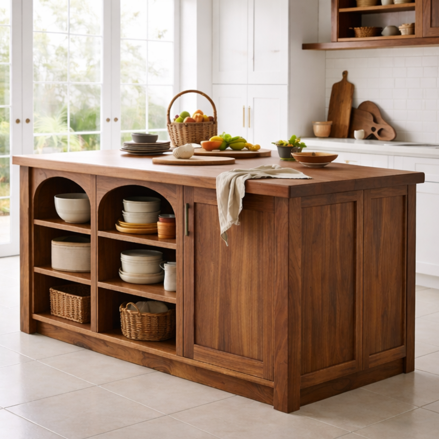 Solid Wood Kitchen Island with Arched Open Shelves – Walnut Farmhouse Storage Table