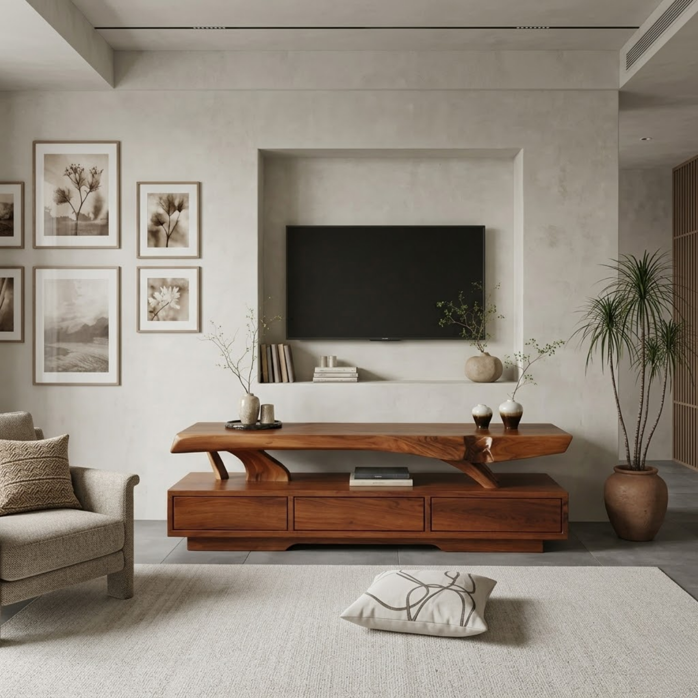 Solid Wood TV Stand with Live Edge Top – Modern Media Console Table