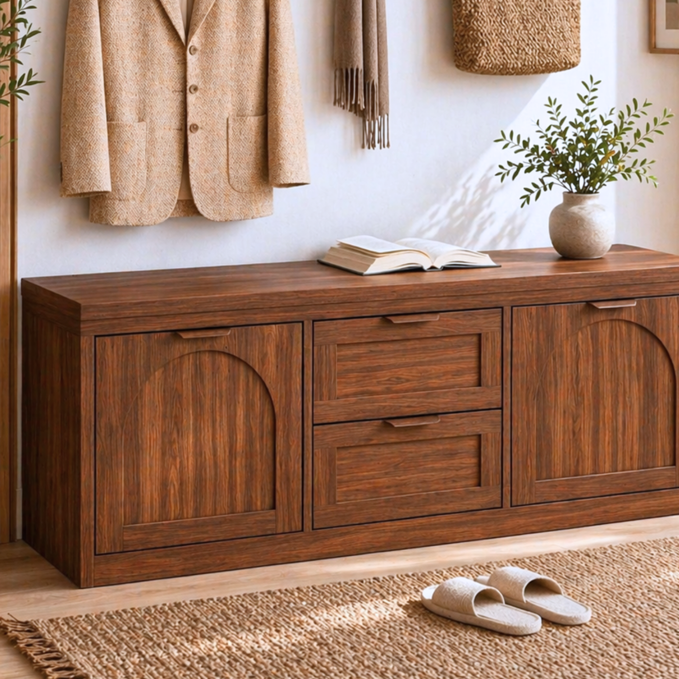 Solid Wood Entryway Bench with Storage Drawers – Shoe Cabinet with Arched Doors
