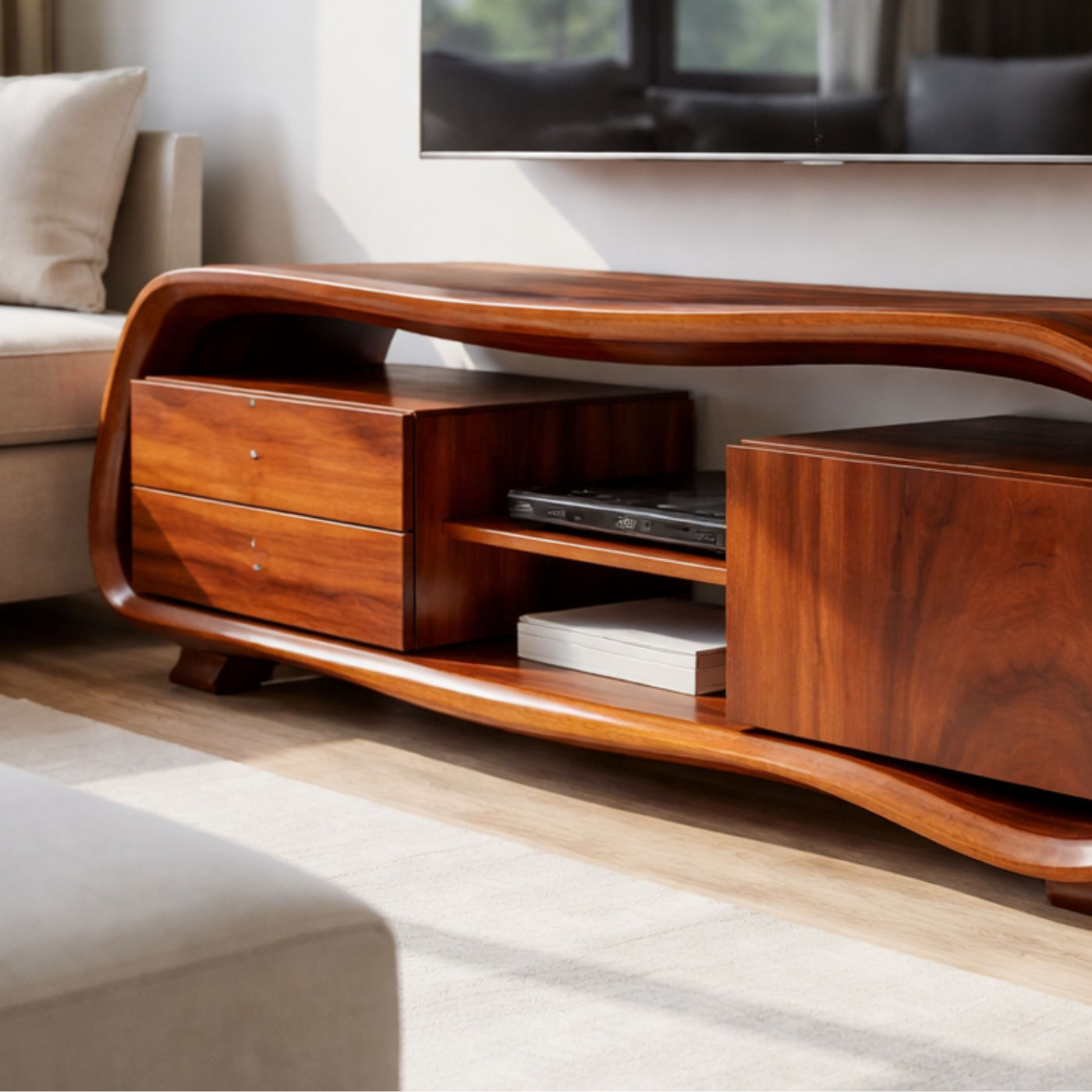 Solid Wood Curved TV Stand – Sculptural Media Console with Organic Design