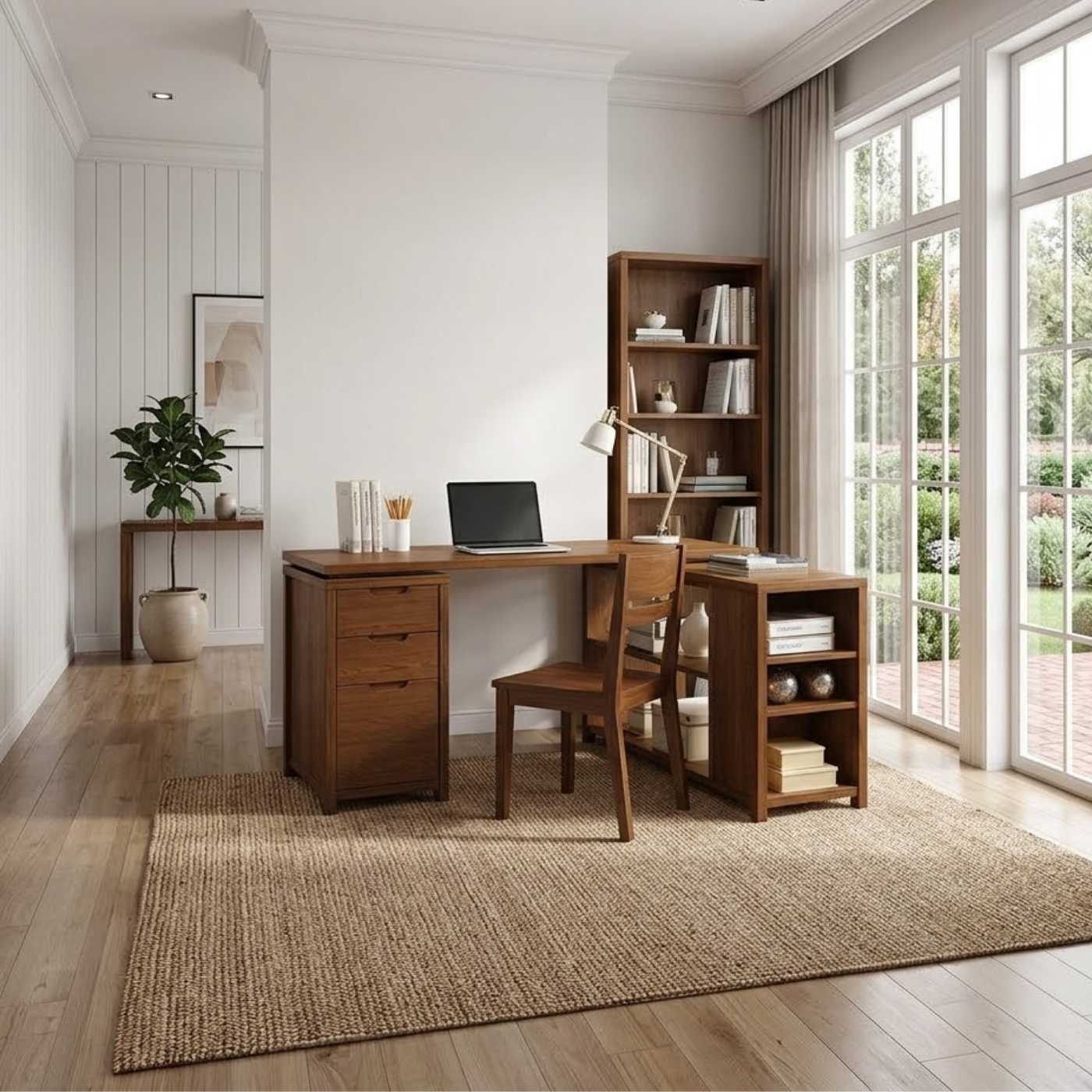 Solid Wood L-Shaped Desk with Storage – Corner Home Office Desk with Shelves and Drawers