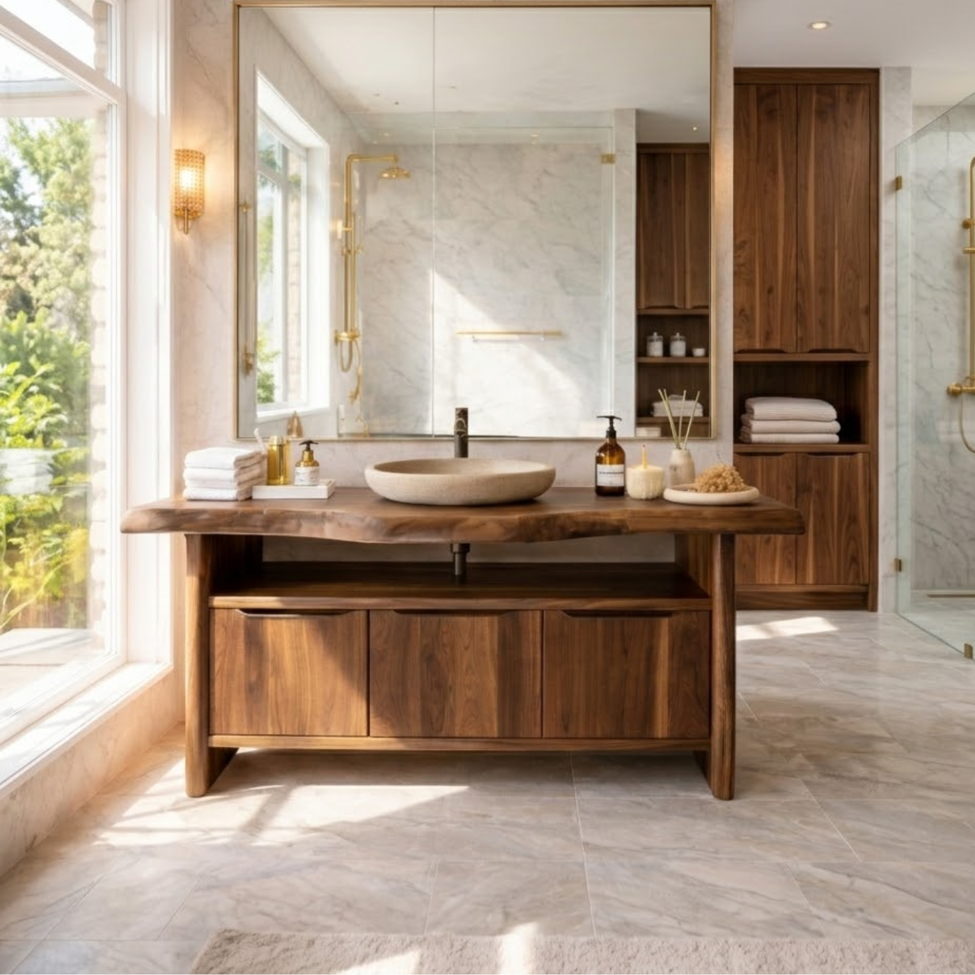 Live Edge Solid Wood Bathroom Vanity with Three Drawers and Open Shelf for Modern Luxury Bathrooms