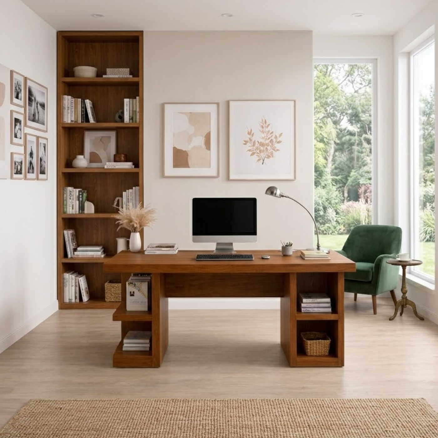 Solid Wood Office Desk with Open Shelves – Modern Minimalist Work Desk