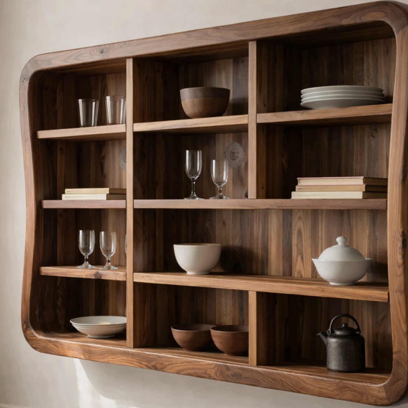 Solid Wood Kitchen Cabinet Shelf – Curved Floating Wall Storage Unit
