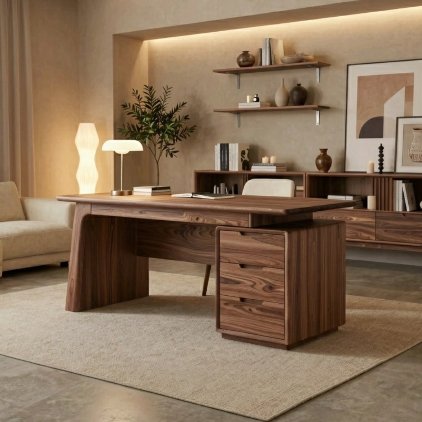 Solid Wood Executive Desk with Thick Slab Top and Drawer Storage